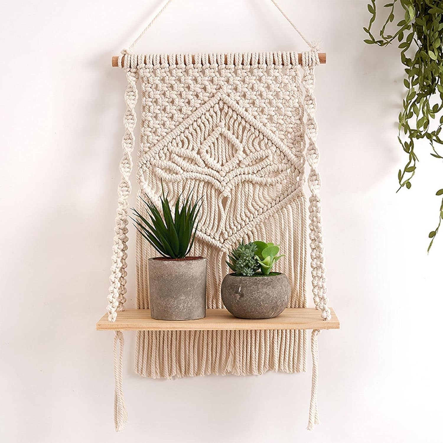 Ganvia Macrame Indoor Wall Hanging Shelf  Chic Boho Wood Floating Shelf With Wooden Dowel, Handwoven Decor For Apartment, Dorm,