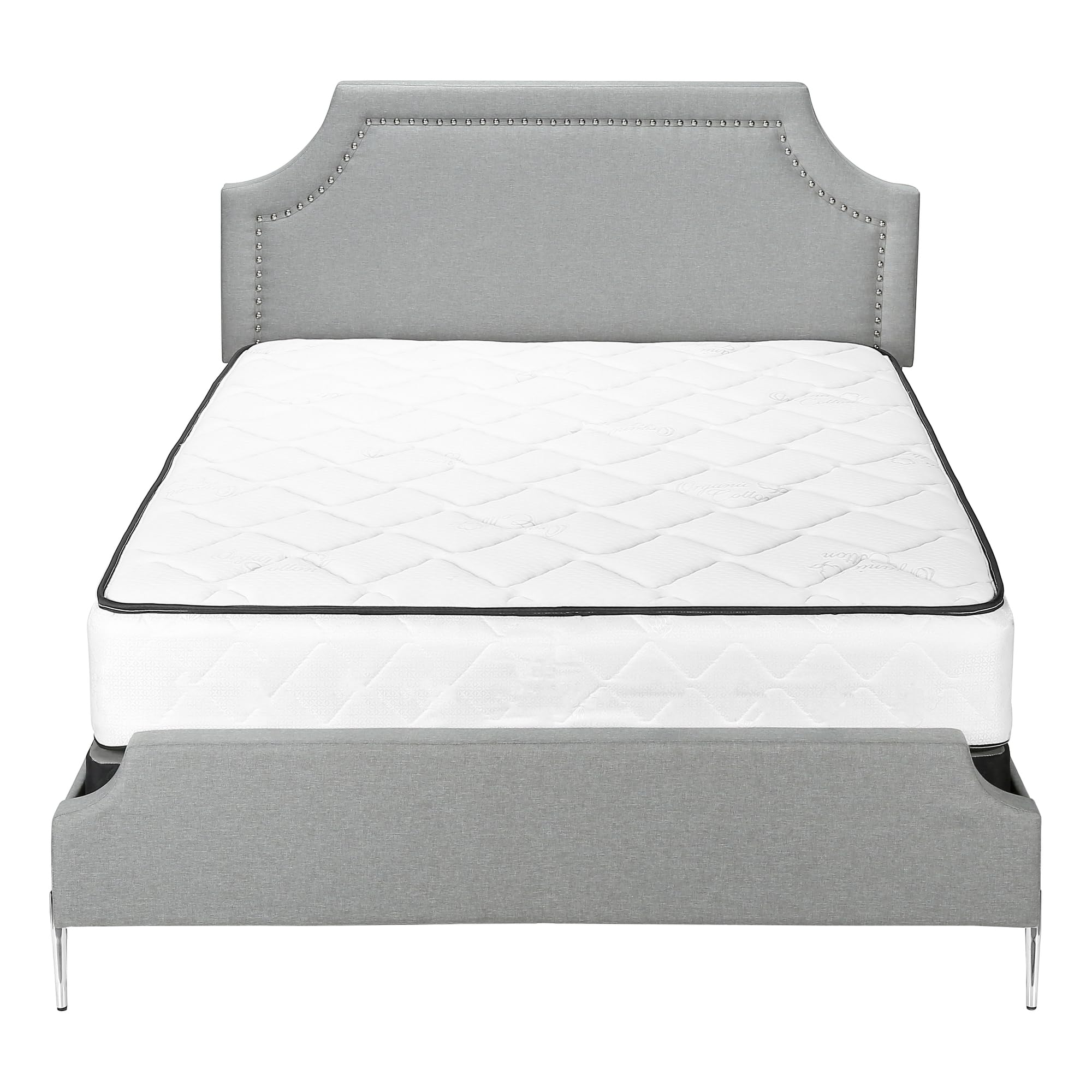 Monarch Specialties I 6035Q Bed, Frame, Platform, Bedroom, Queen Size, Upholstered, Linen Look Fabric, Metal Legs, Grey, Chrome, Contemporary, Modern