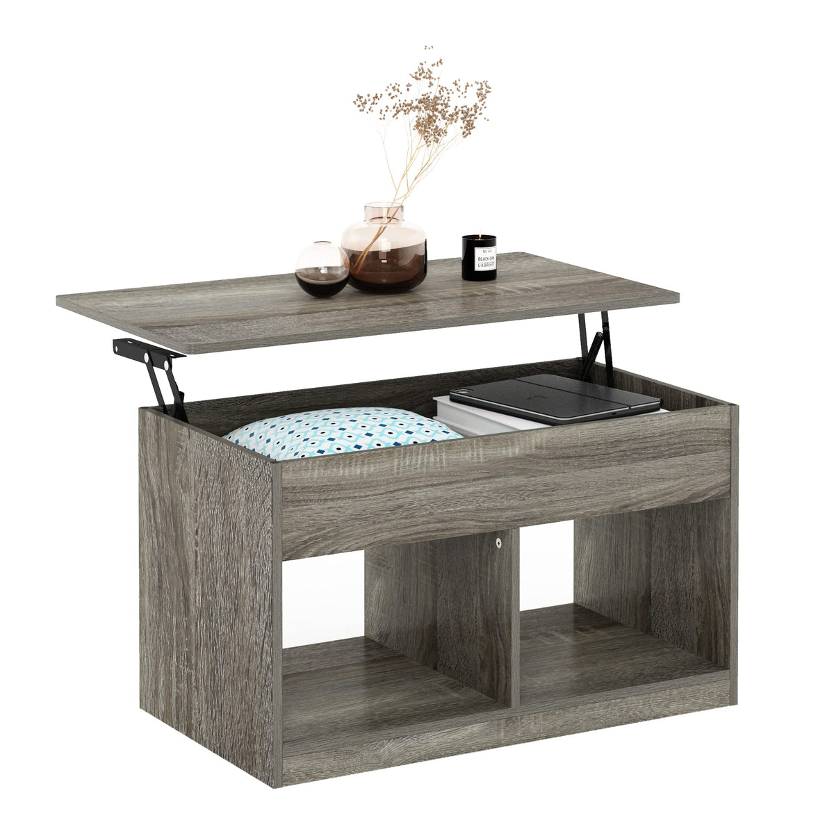 Furinno Jensen Living Room Lift Top Coffee Table with Hidden Compartment, French Oak Grey