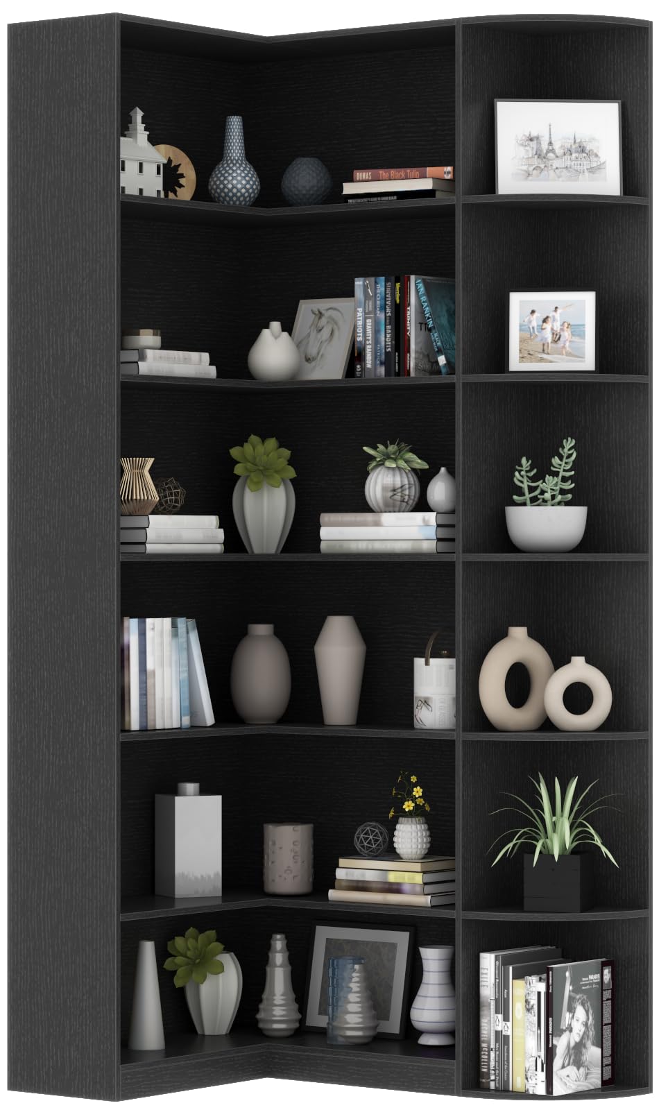 Loomie Black Book Shelf, 6 Tiers Shelf Large Tall Corner Etagere Bookcase with Full Baffle, L-Shaped Modern Storage Display Indu