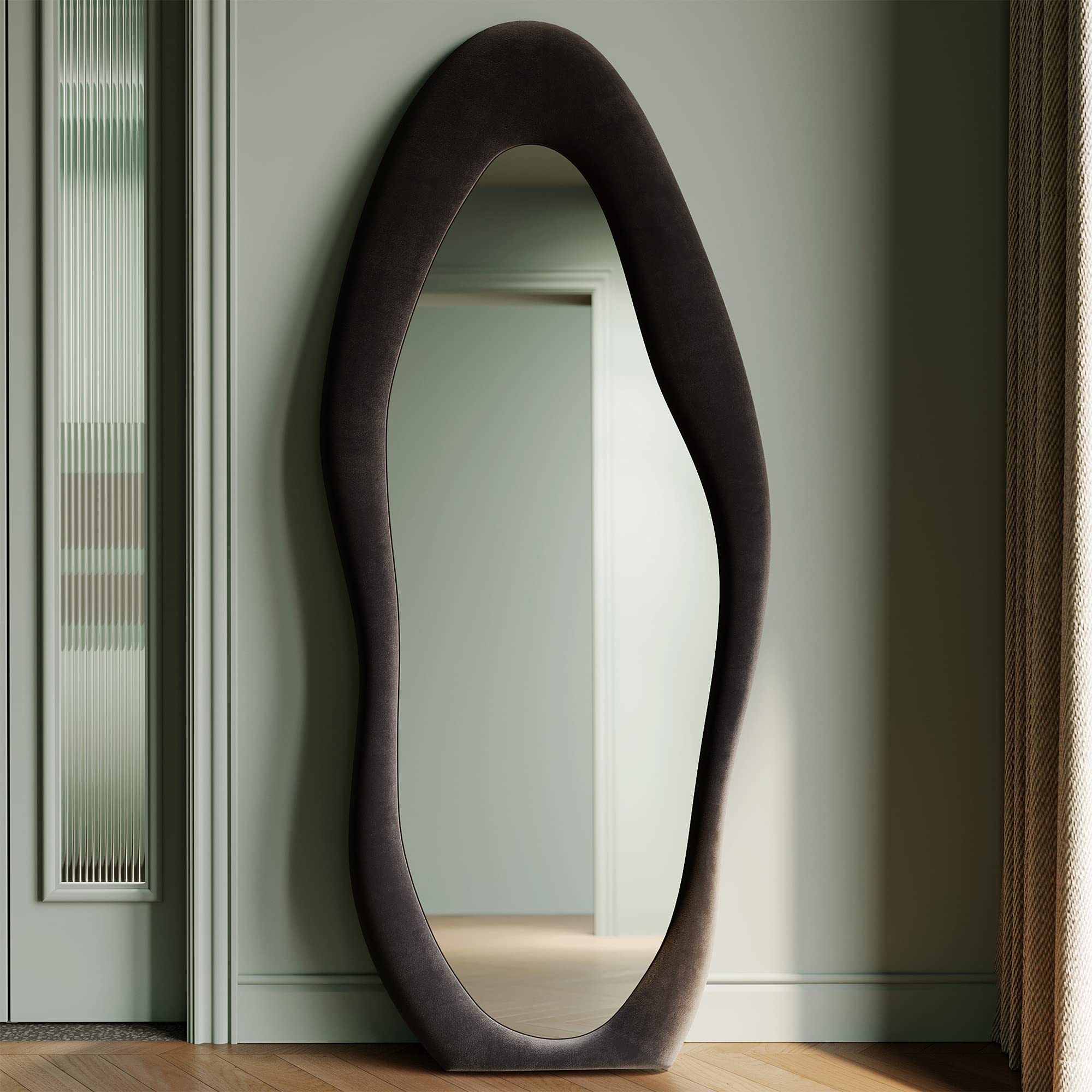 Honyee Full Length Mirror, 63'' X 24'' Wall Mirror, Flannel Wrapped Wooden Frame Floor Mirror, Irregular Wavy Mirror Hanging Or