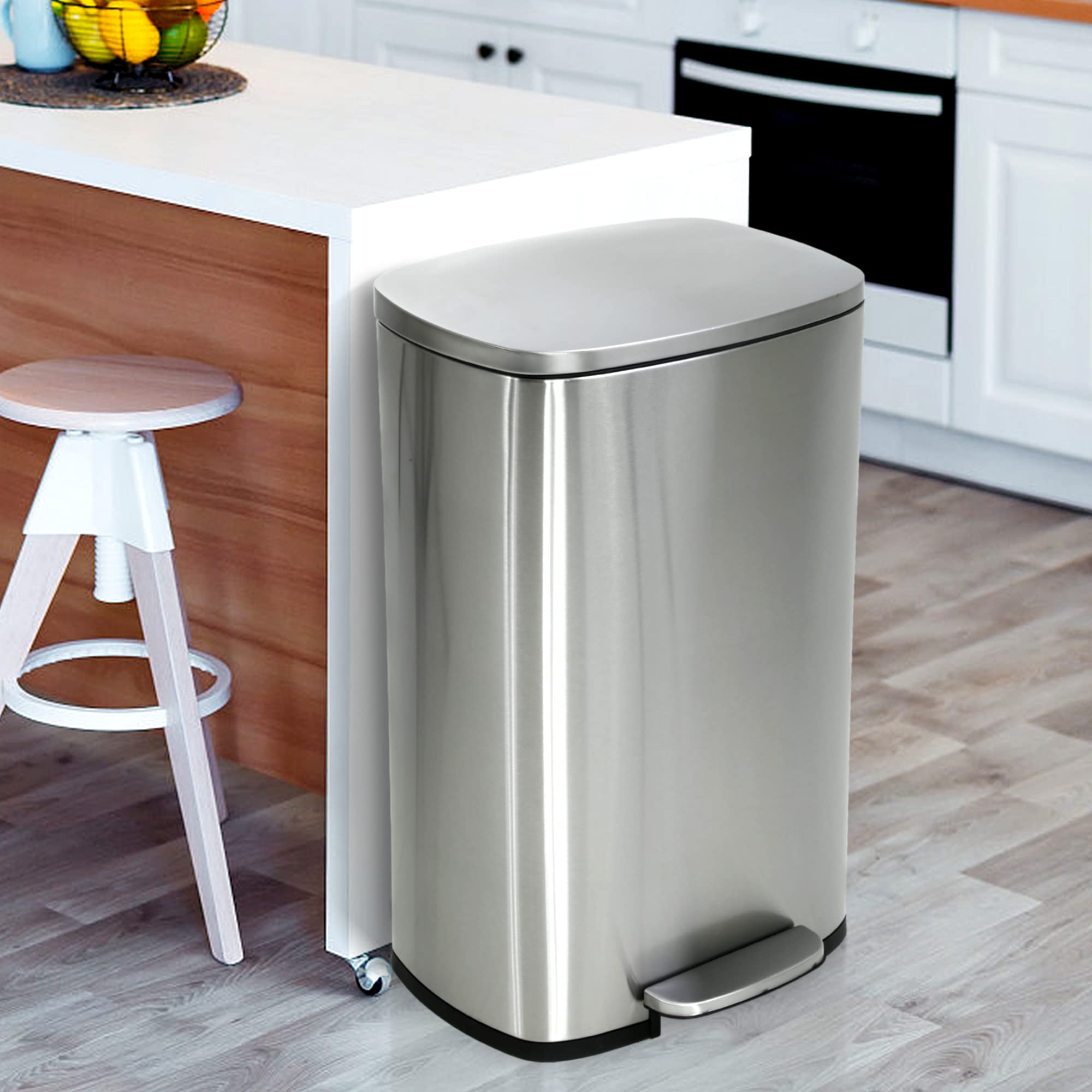 13 Gallon Trash Can, Brushed Stainless Steel Kitchen Trash Can with Soft-close Lid, Fingerprint-resistant Kitchen Garbage Can wi