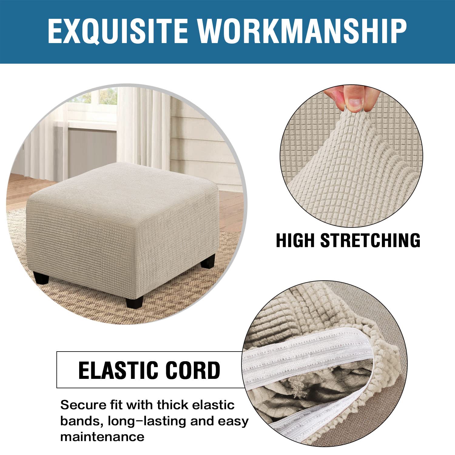 H.Versailtex Square Ottoman Covers Ottoman Slipcovers Folding Storage Stool Furniture Protector Form Fit With Elastic Bottom, Stretch High Spandex Small Checks Jacquard Fabric(Large,Island Fossi)