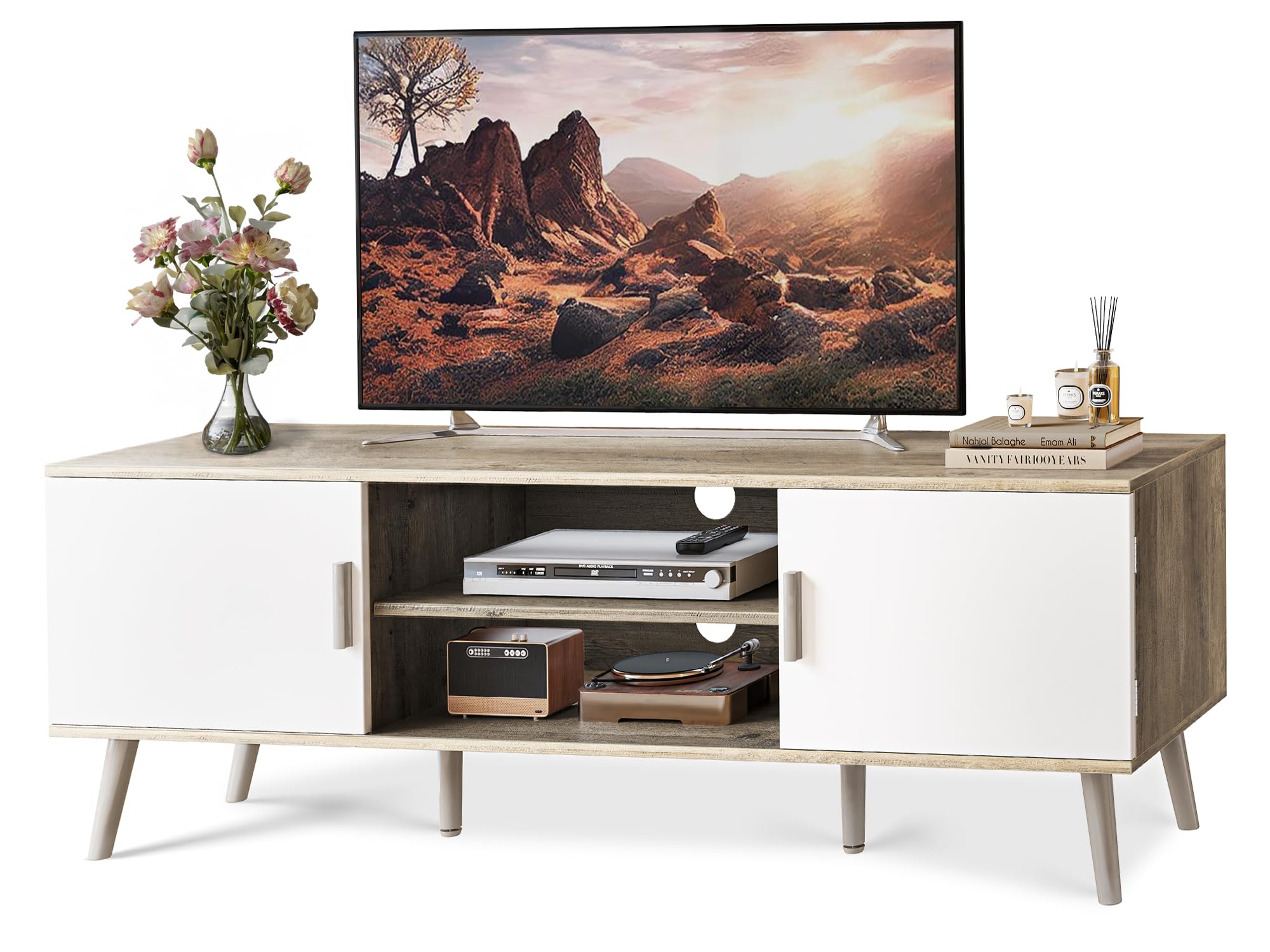 Superjare Tv Stand For 55 Inch Tv, Entertainment Center With Adjustable Shelf, 2 Cabinets, Tv Console Table, Media Console, Solid Wood Feet, Cord Holes, For Living Room, Bedroom, Gray And White
