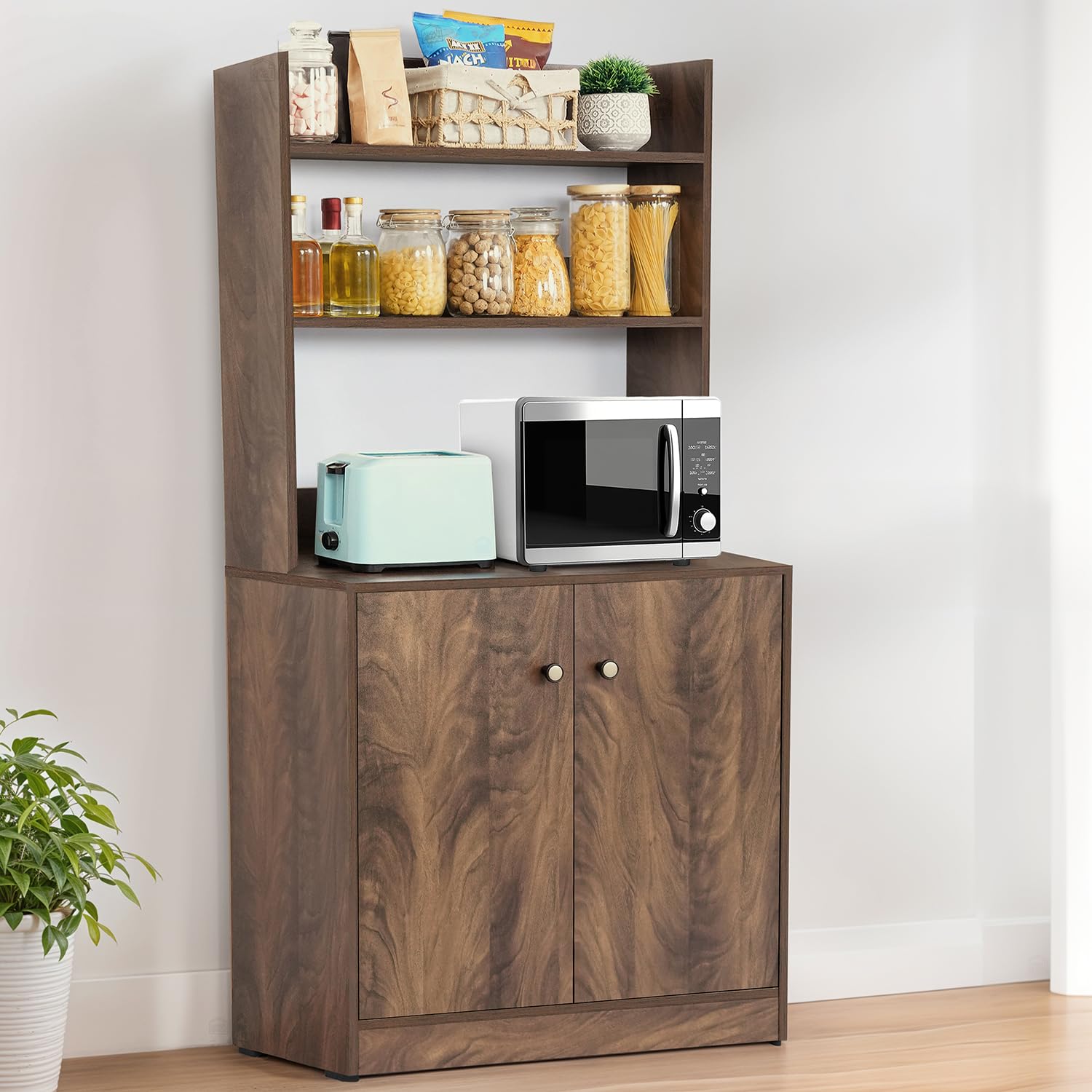 About Space 5 Tier Kitchen Organizer Rack  5.5 Ft Wooden Kitchen Cabinet With 3 Open Shelves & 2 Storage Rack With Door, Easy T