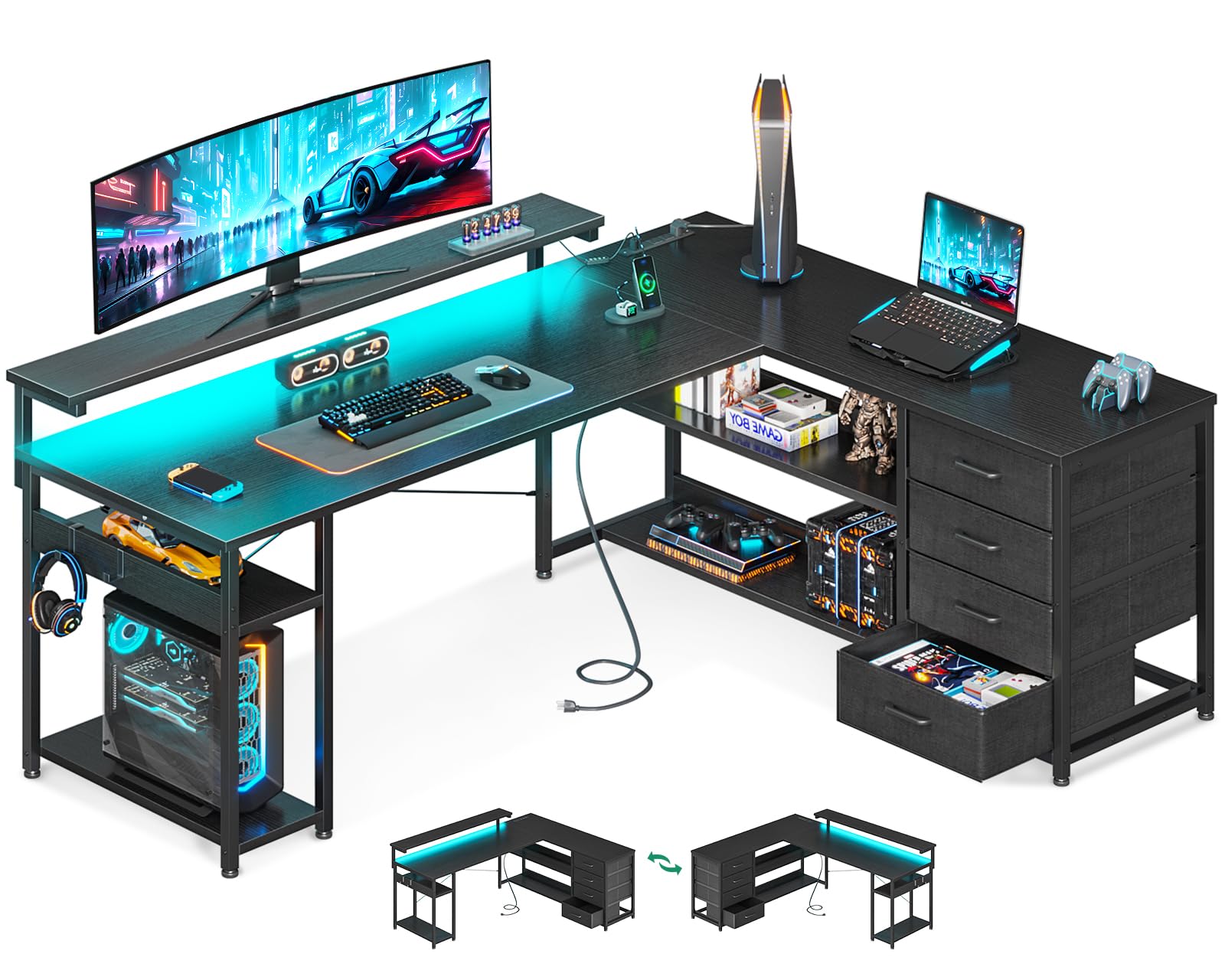 AODK 61 L Shaped Desk with Drawer, Computer Desk with Power Outlets & LED Lights, Reversible Corner Gaming Desk for Home Office 
