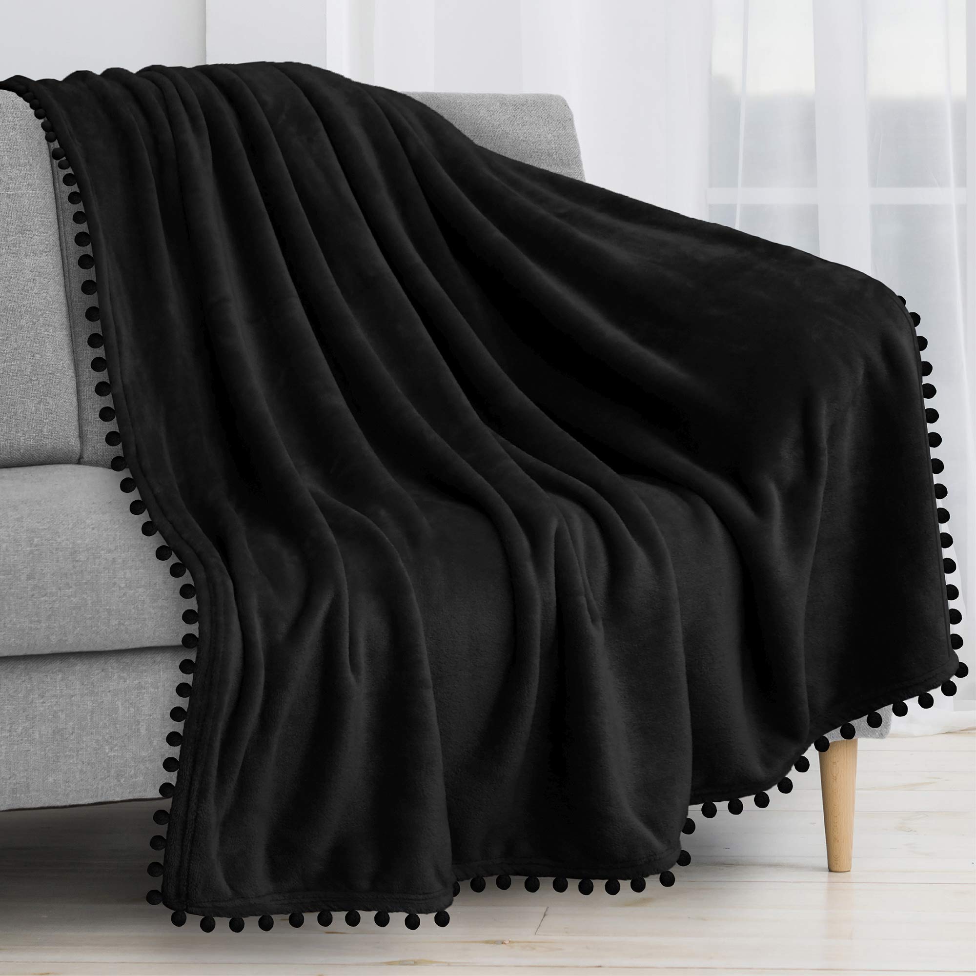 Pavilia Pom Pom Blanket Throw, Solid Black | Soft Fleece Pompom Fringe Blanket For Couch Bed Sofa | Decorative Cozy Plush Warm F