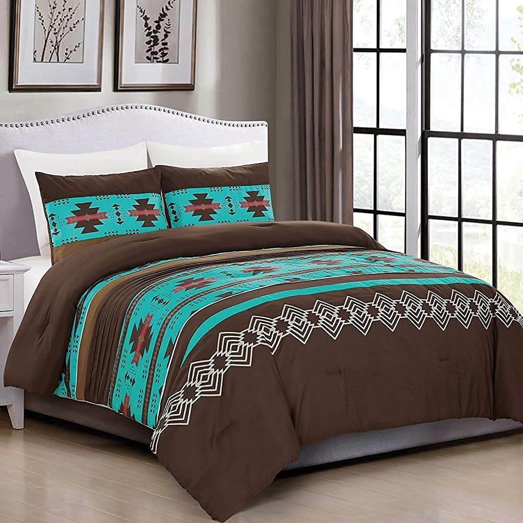 Wpm World Products Mart 3 Piece Western Southwestern Native American Design Comforter Set Multicolor Teal Coffee Brown Embroider