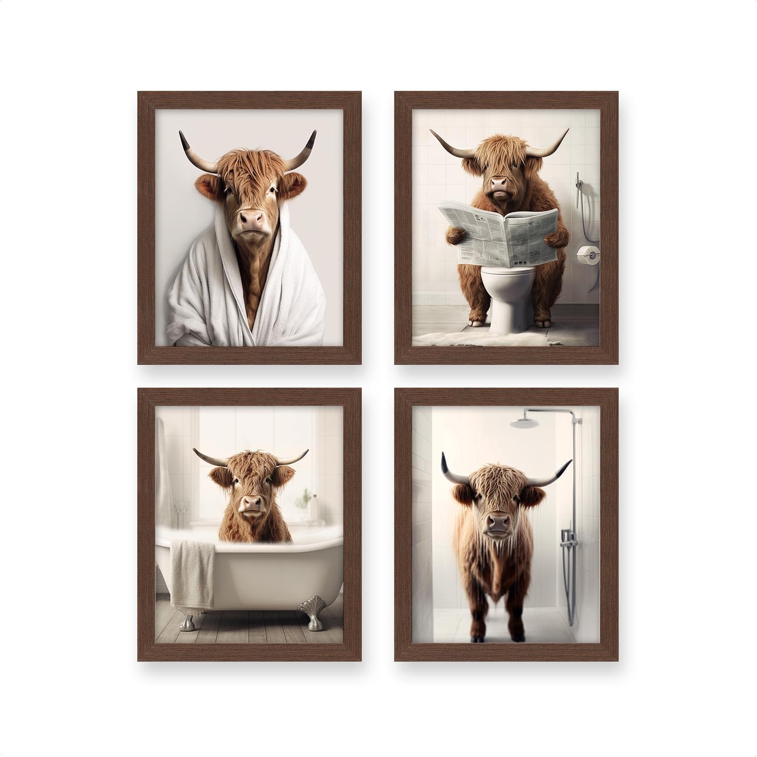 heilkee Funny Highland Cow Bathroom Decor Animal Bathroom Wall Art Brown Cattle in Bathtub Picture Rustic Farmhouse Style Poster