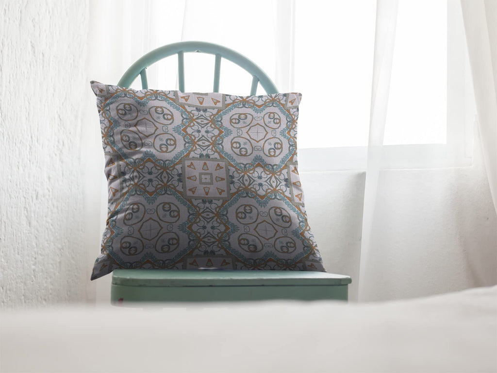 HomeRoots Orange and Light Blue On White Broadcloth 28â€ Blue Orange Mandala Indoor Outdoor Throw Pillow