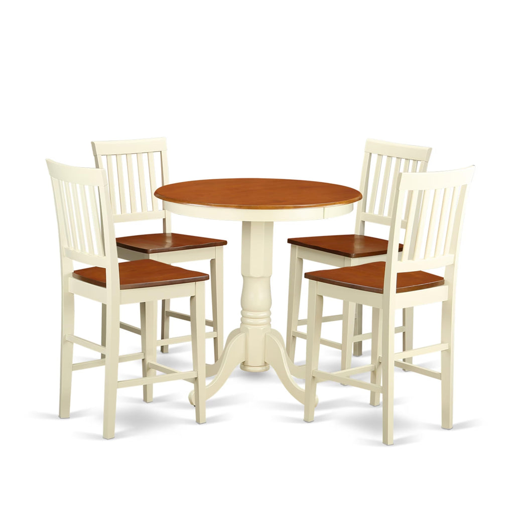 East West Furniture EDVN5-WHI-W 5 Piece Kitchen Counter Height Dining Table Set Includes a Round Wooden Table with Pedestal and 4 Dining Chairs, 30x30 Inch, Buttermilk & Cherry