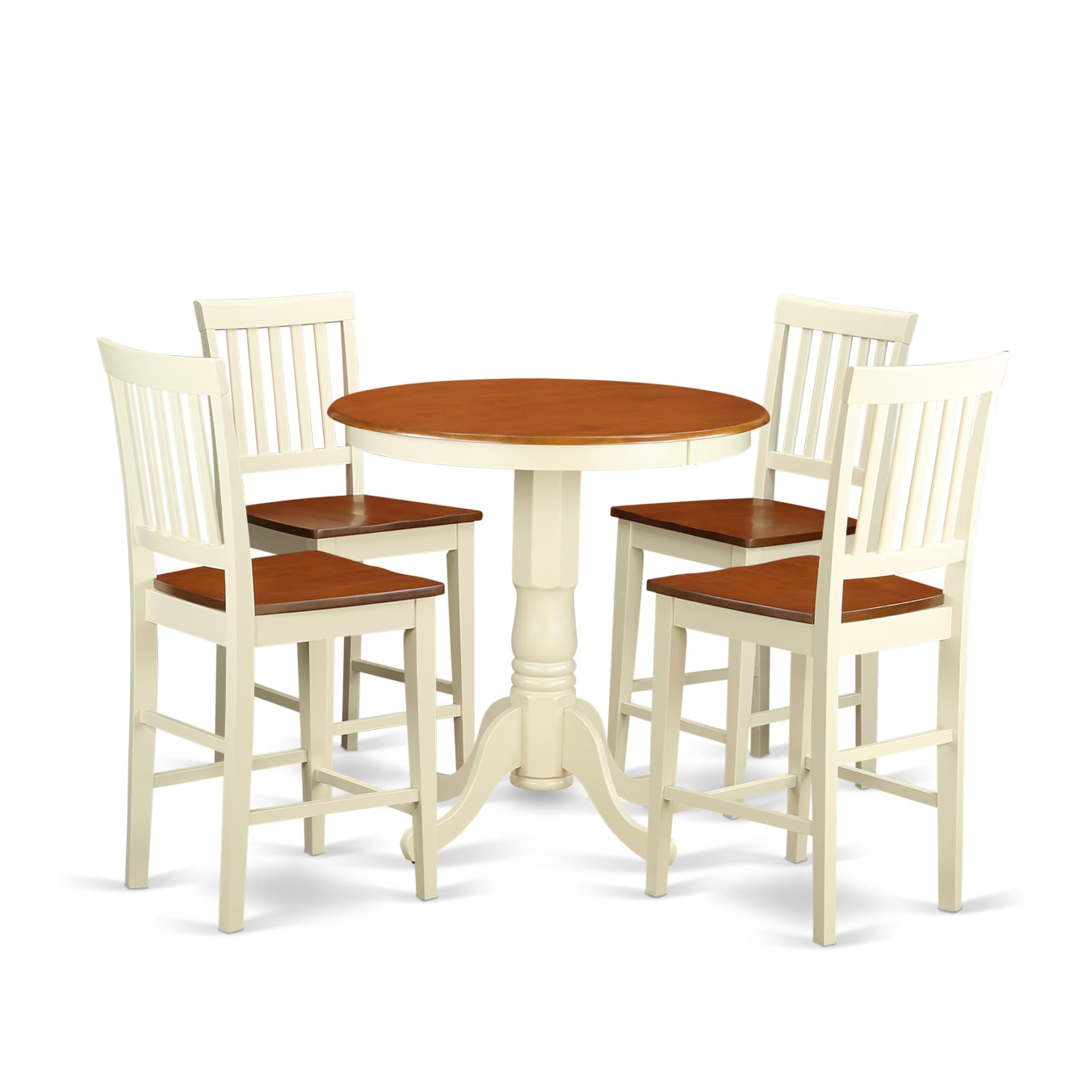 East West Furniture EDVN5-WHI-W 5 Piece Kitchen Counter Height Dining Table Set Includes a Round Wooden Table with Pedestal and 4 Dining Chairs, 30x30 Inch, Buttermilk & Cherry
