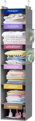 VERONLY Weekly Hanging Closet Organizer for Kids, 6Shelf Clothes Storage with Labeled Days of The Week Monday Through Friday, W