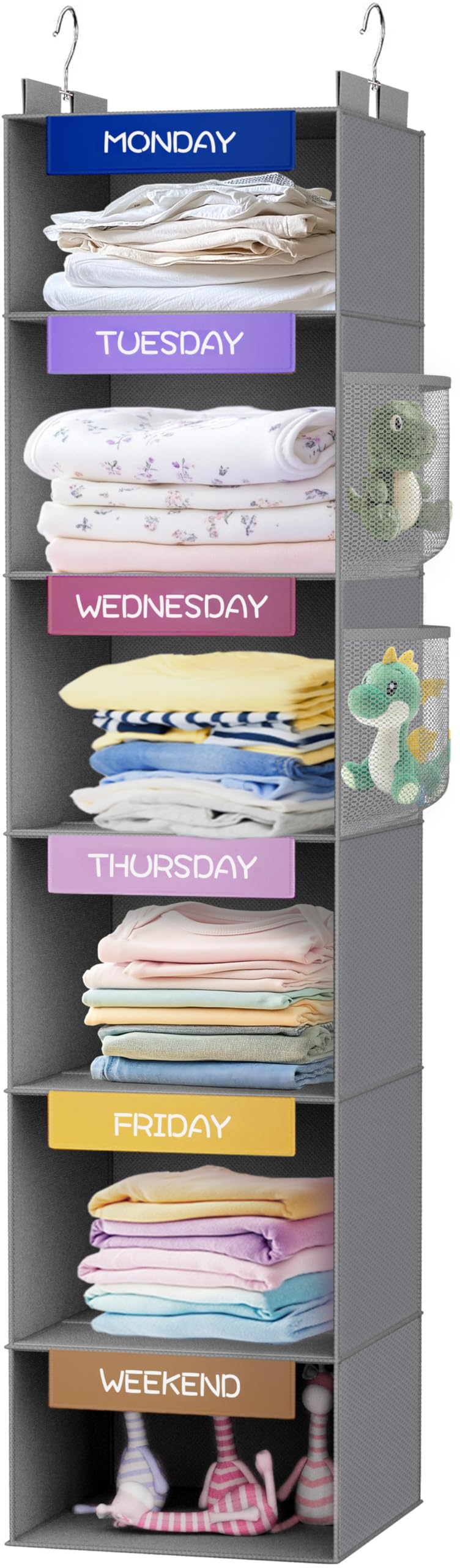 VERONLY Weekly Hanging Closet Organizer for Kids, 6Shelf Clothes Storage with Labeled Days of The Week Monday Through Friday, W