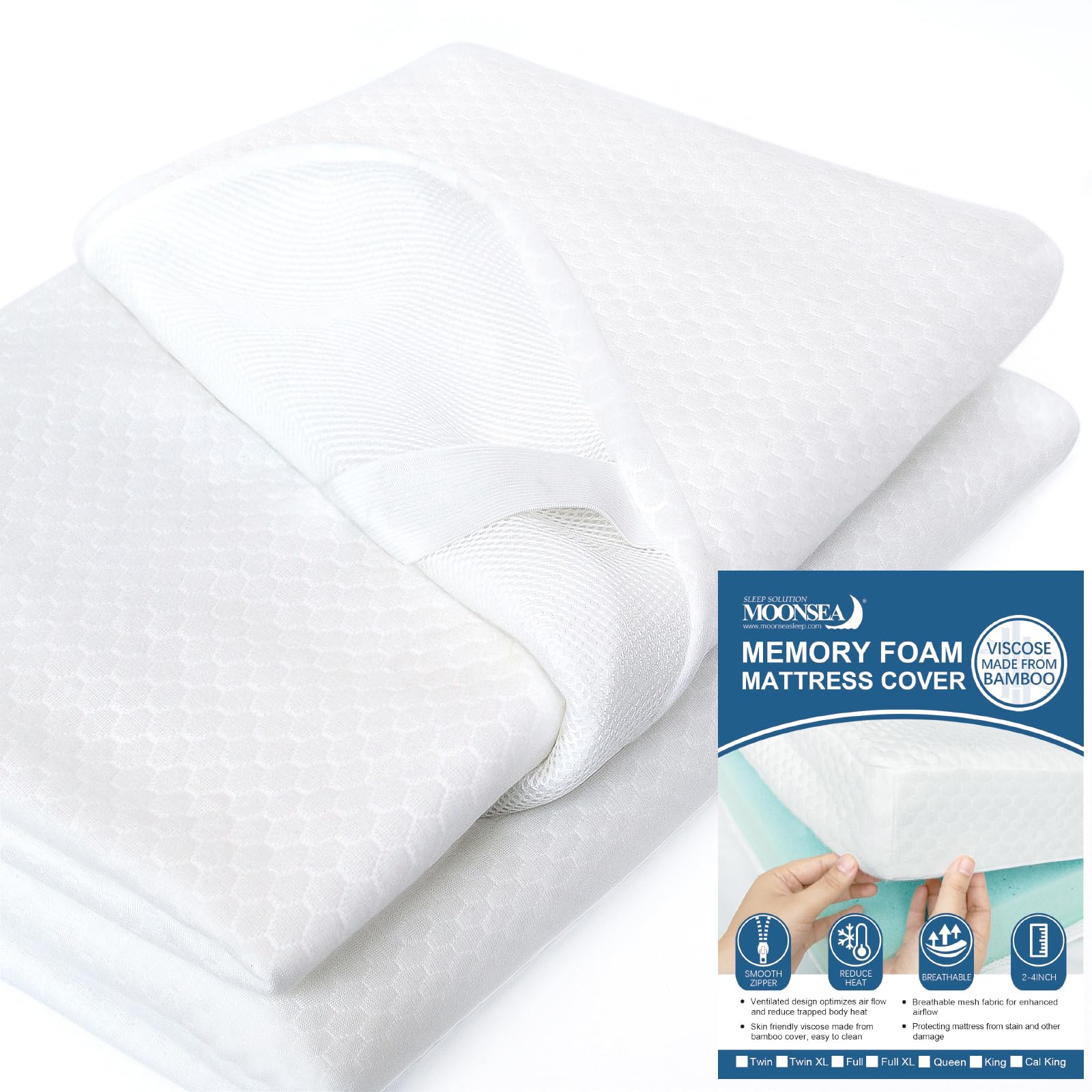 Cover for Mattress Topper Full Size, 3-4 Inch Full Memory Foam Cover with Zipper, Viscose Made from Bamboo and 3D Mesh Fabric Ba