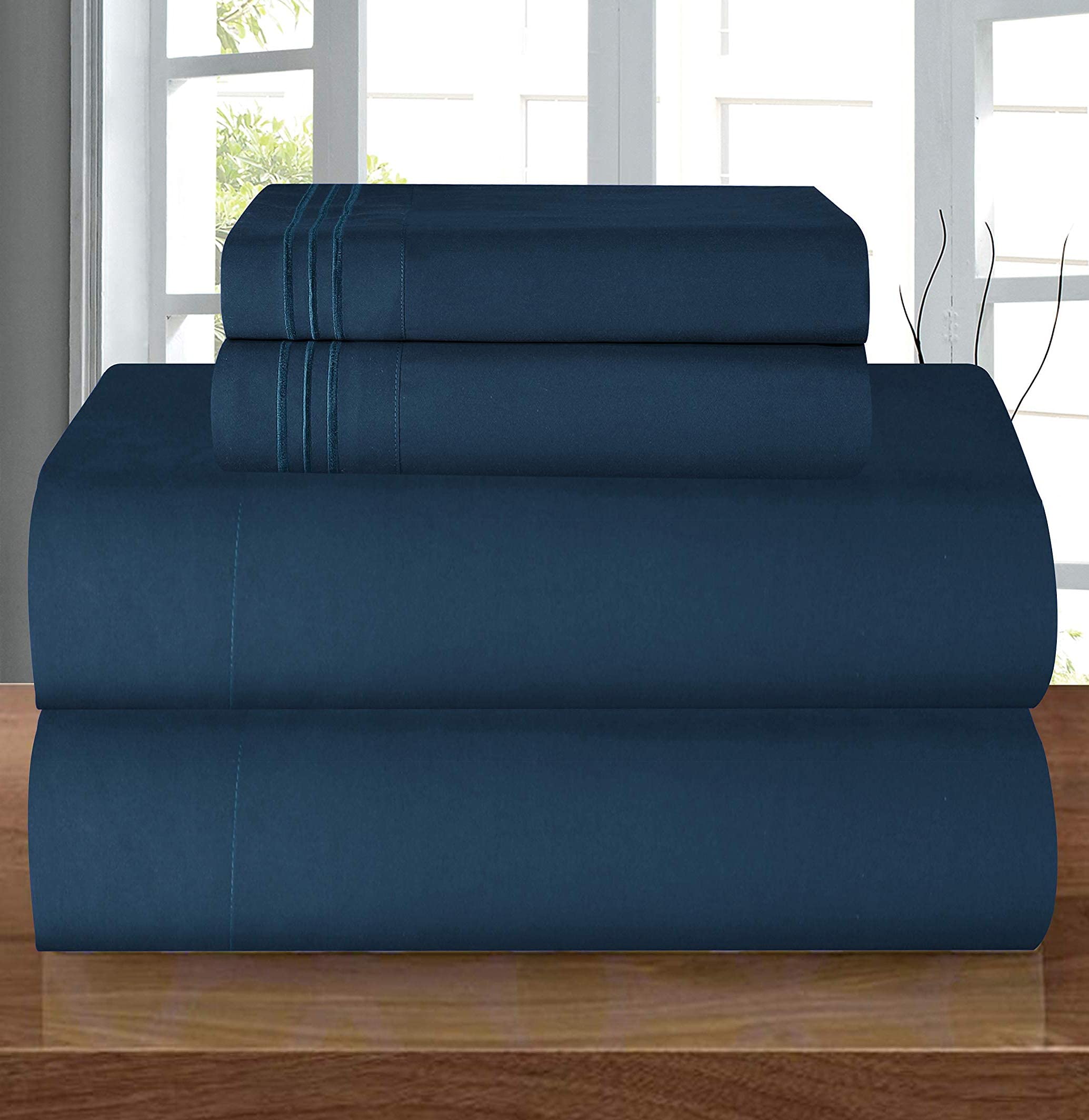 Egyptian Comfort Coziest Bedding Set, Easy All Around Elastic Fitted Sheet, Deep Pocket Up To 16Inch, Microfiber, Navy Blue, Kin