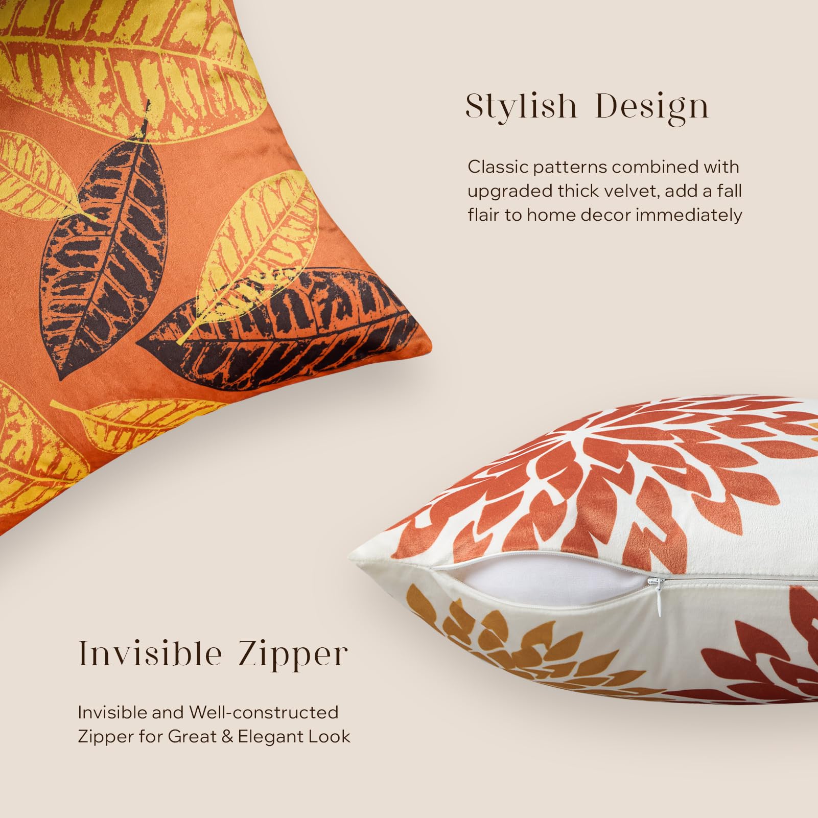 Phantoscope Set Of 4 New Living Series Halloween Leaf Geometric Throw Decorative Fall Velvet Pillow Cover Cushion Cover, Orange