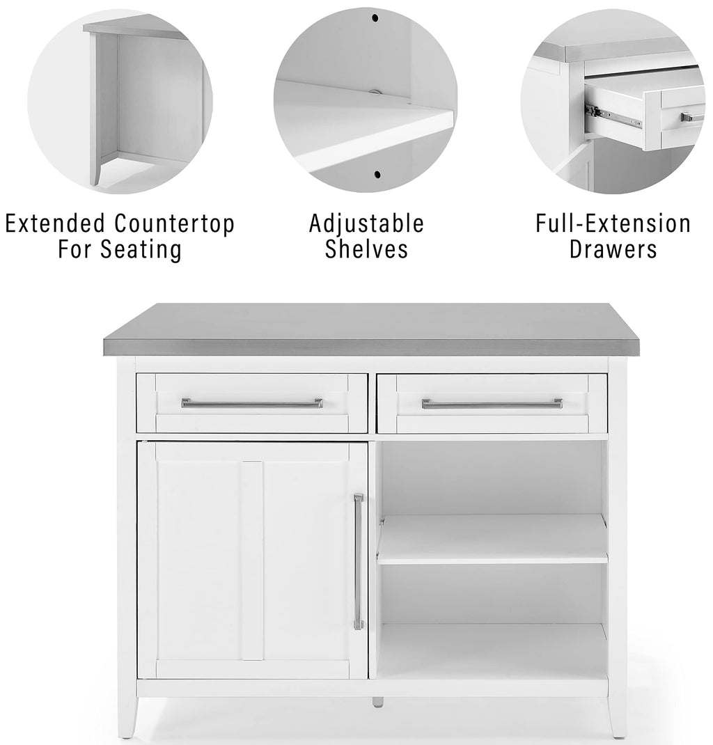Crosley Furniture Silvia Stainless Steel Top Kitchen Island, Coffee Bar, with a Set of 2 Upholstered Saddle Stools, White/Black