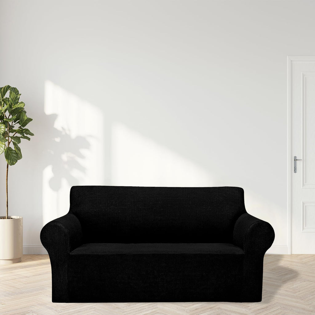 2025 New Stretch Loveseat Sofa Slipcovers Couch Cover For 2 Cushion Furniture Protector Sofa Covers With Elastic Bottom Jacquard Fabric Small Checks For Pets, Kids - Black