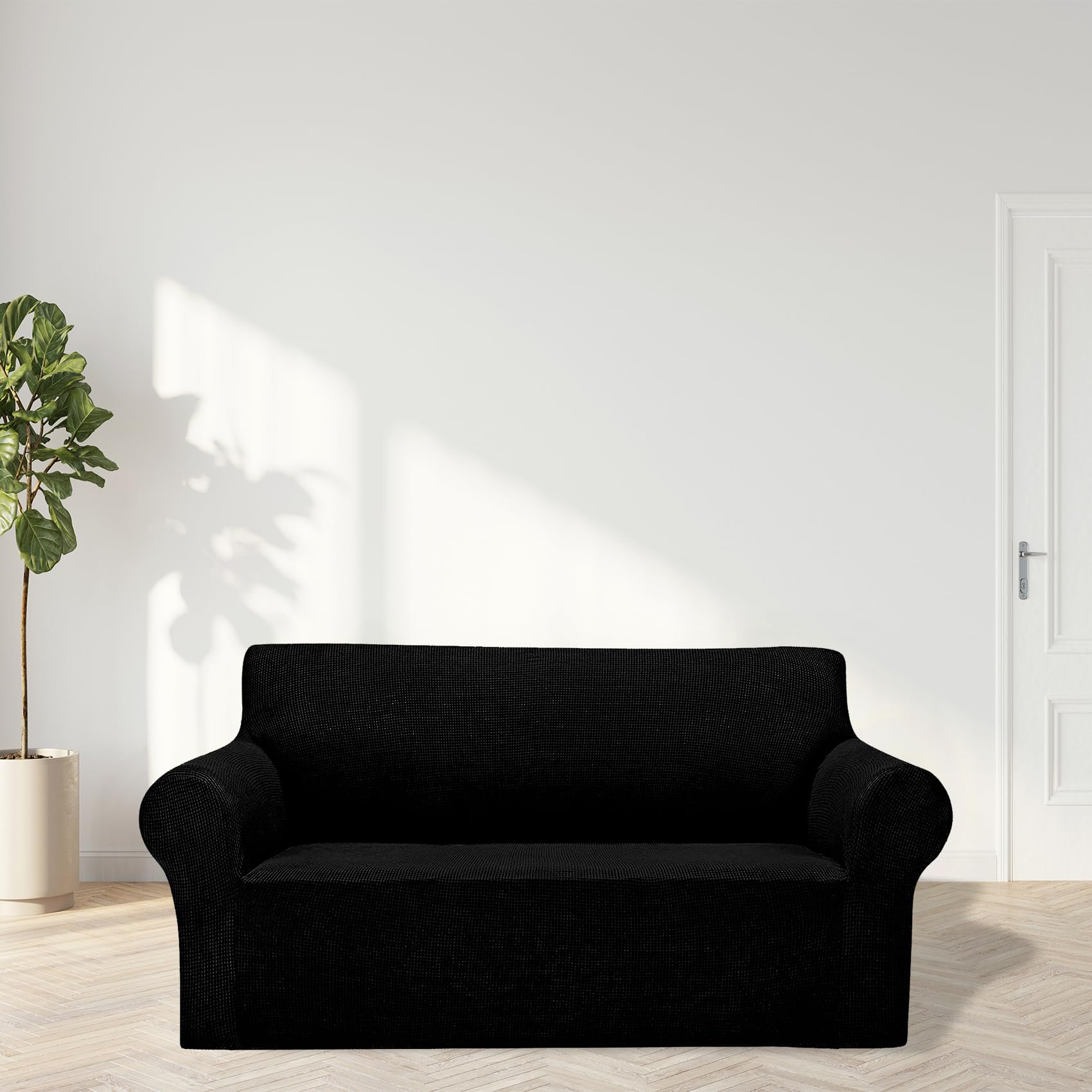 2025 New Stretch Loveseat Sofa Slipcovers Couch Cover For 2 Cushion Furniture Protector Sofa Covers With Elastic Bottom Jacquard Fabric Small Checks For Pets, Kids - Black