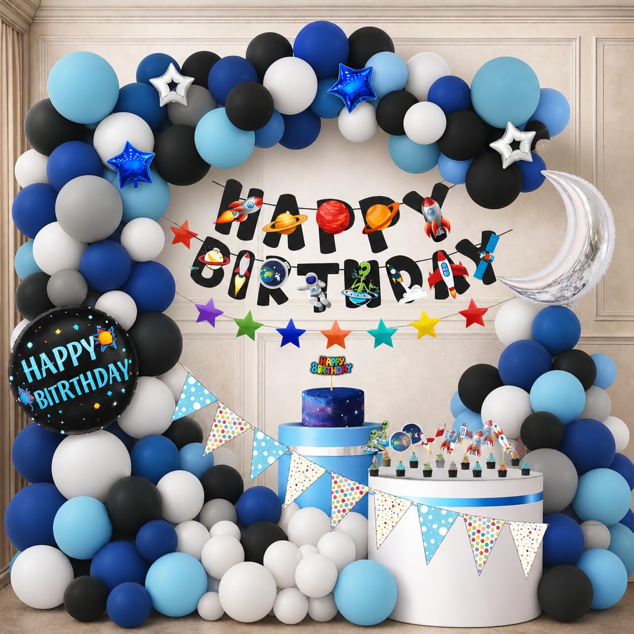 Pixefox Space Theme Birthday Decoration Kit Pack Of 76 | Astronaut BirthdayS Decoration With Star Foil Balloons, Flag Banner, C