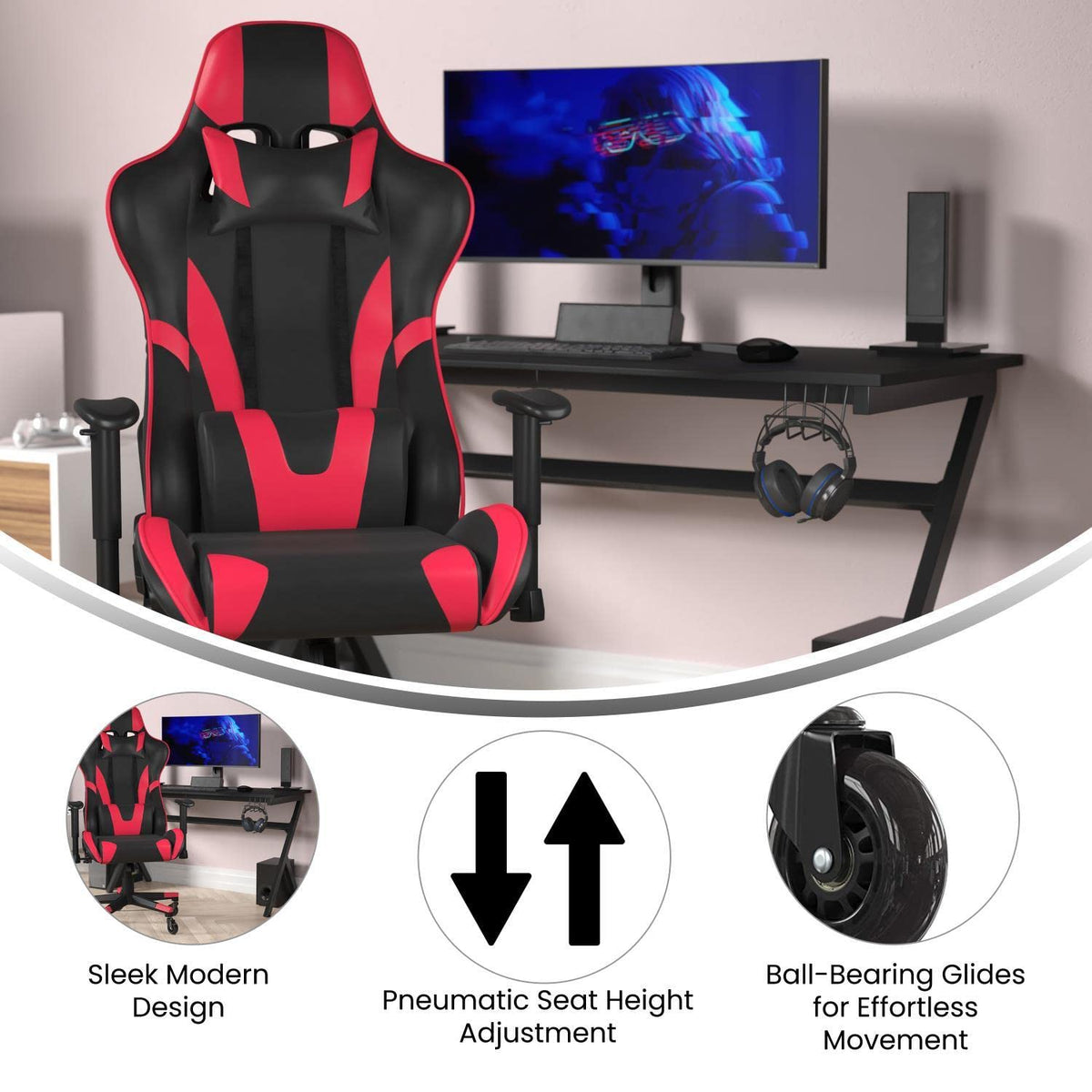 Flash Furniture X20 Gaming Chair Racing Office Computer PC Adjustable Chair - Red LeatherSoft Upholstery - Reclining Back - Roller Wheels