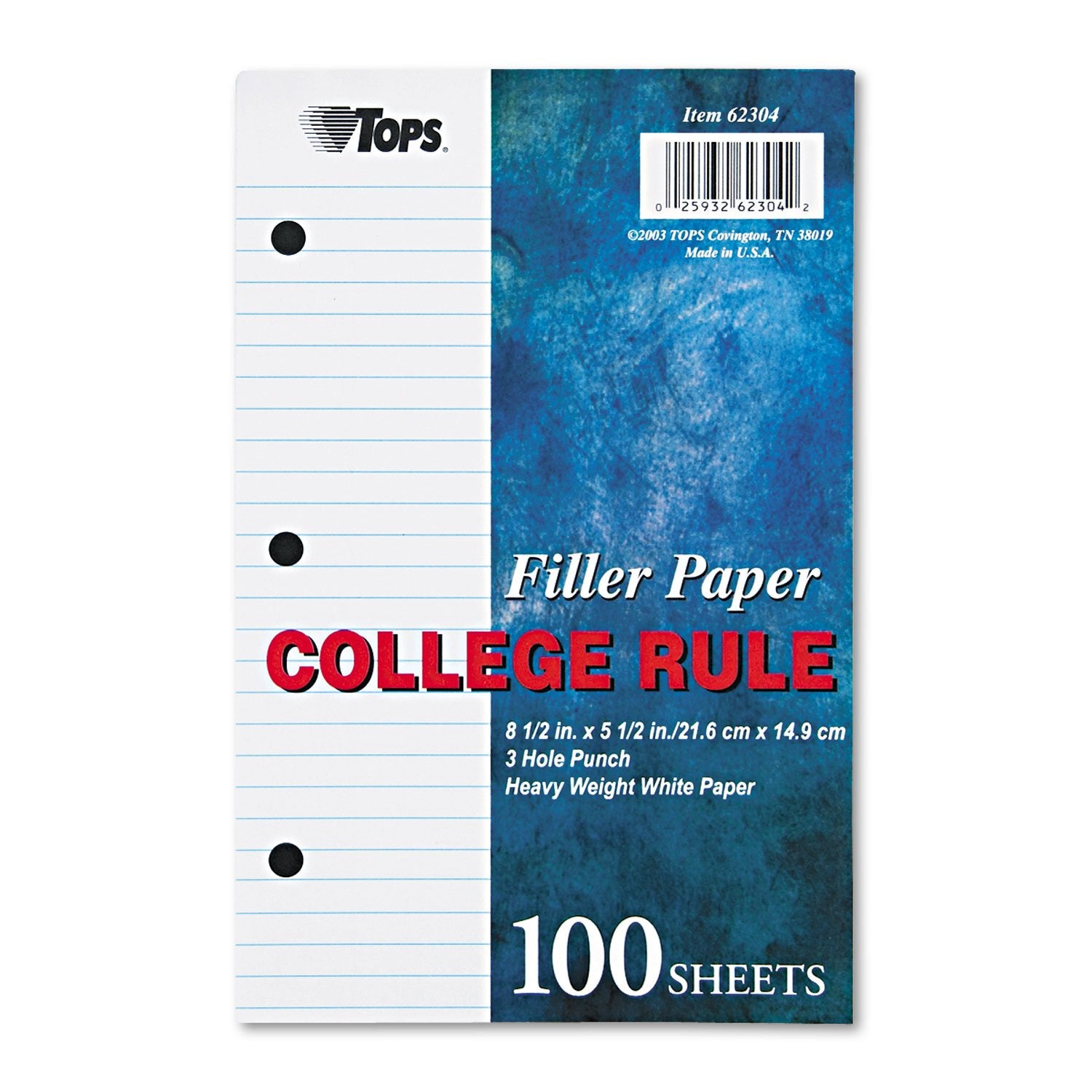 Tops 62304 Filler Paper, 3H, 20 Lb, 5 1/2 X 8 1/2, College Rule, White, 100 Sheets/Pack