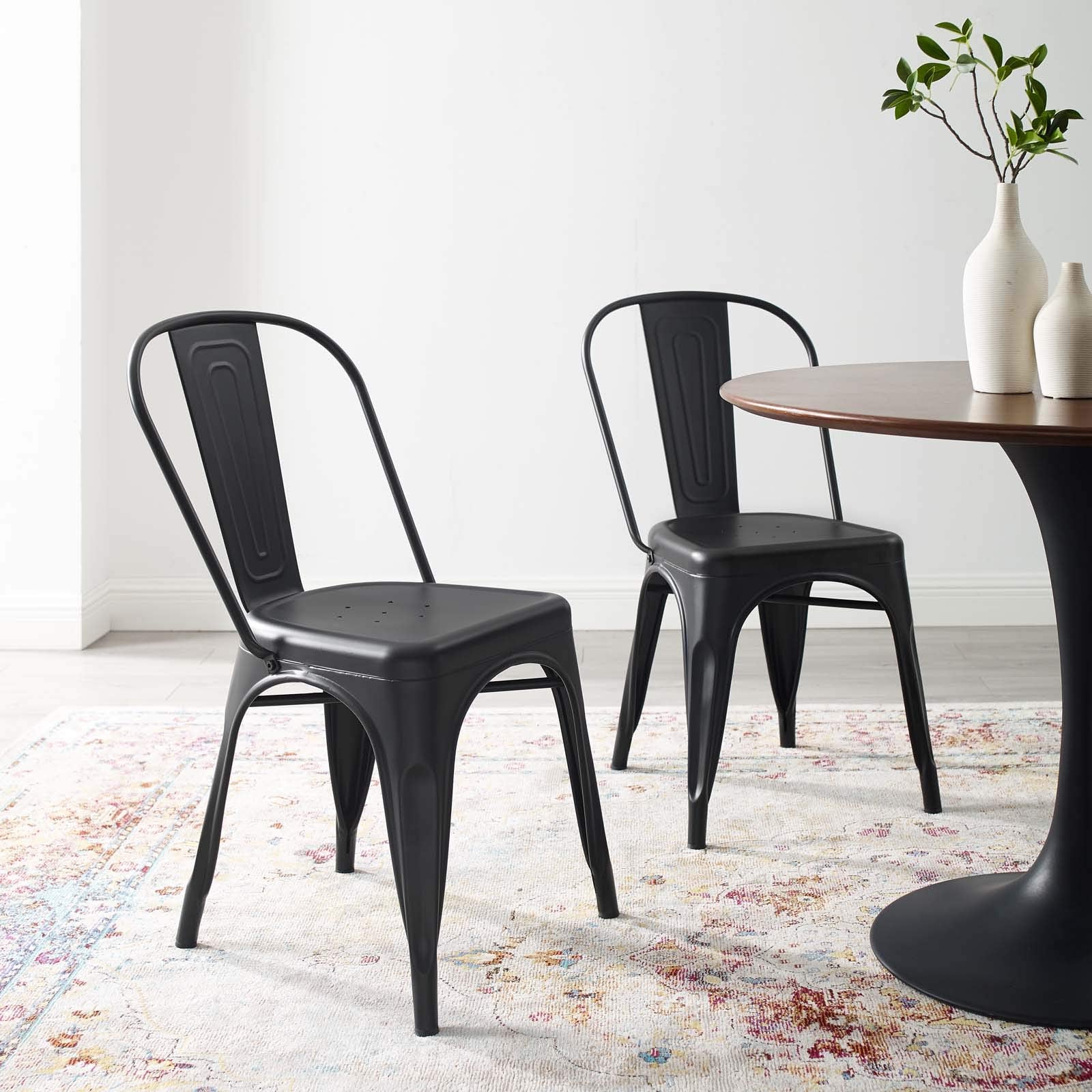 Modway Promenade Industrial Modern Steel Metal Bistro Dining Chairs In Black - Set Of 2