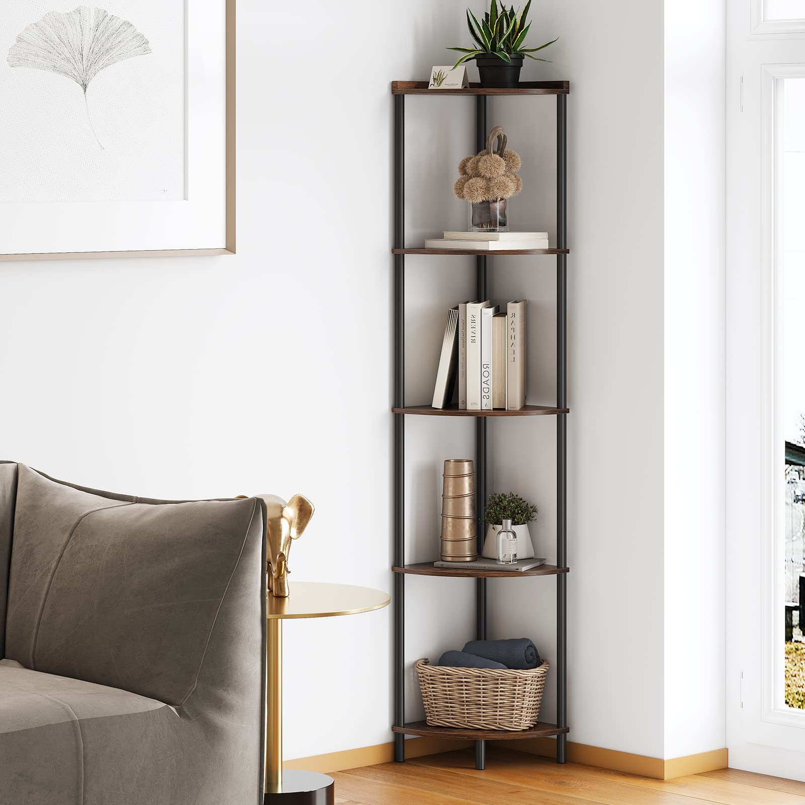 SUNMORY 5 Tier Corner Shelf Stand,Industrial 65 Corner Shelves Display Shelf for Living Room Decor,Wall Corner Bookshelf Multi U
