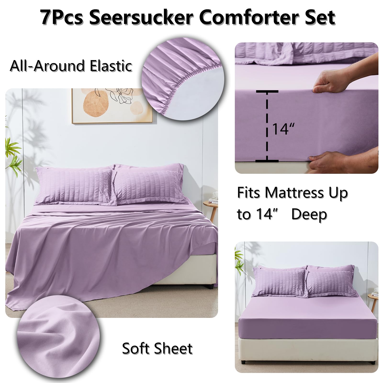 Cozylux King Seersucker Comforter Set With Sheets Light Purple Bed In A Bag 7-Pieces All Season Lavender Bedding Sets With Comforter, Pillow Sham, Flat Sheet, Fitted Sheet, Pillowcase