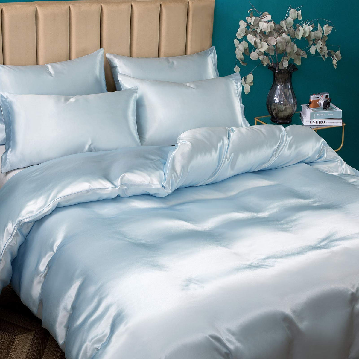 P Pothuiny 5 Pieces Satin Duvet Cover King Size Set, Luxury Silky Like Baby Blue Duvet Cover Bedding Set With Zipper Closure, 1