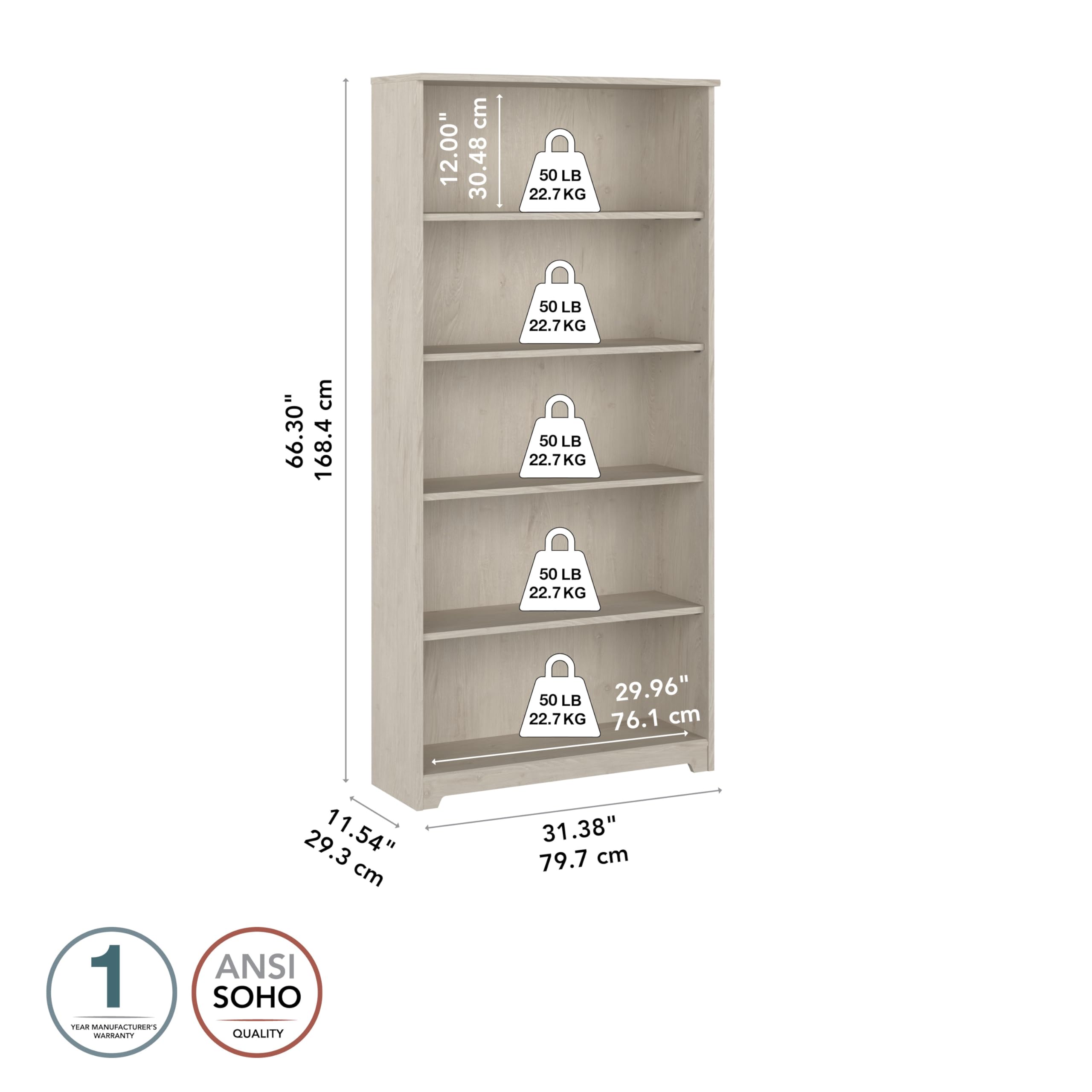 Bush Furniture Cabot Tall 5 Shelf Bookcase | Large Open Bookshelf In Linen White Oak | Sturdy Display Cabinet For Library, Living Room, And Home Office