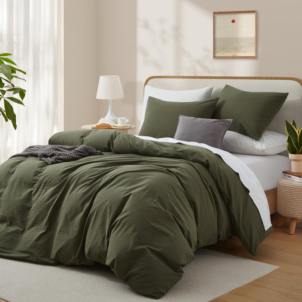 Lovque Olive Green Duvet Cover Full Size, 100% Washed Cotton Linen Like Bedding Set With Zipper Closure (No Comforter), 80X90 In