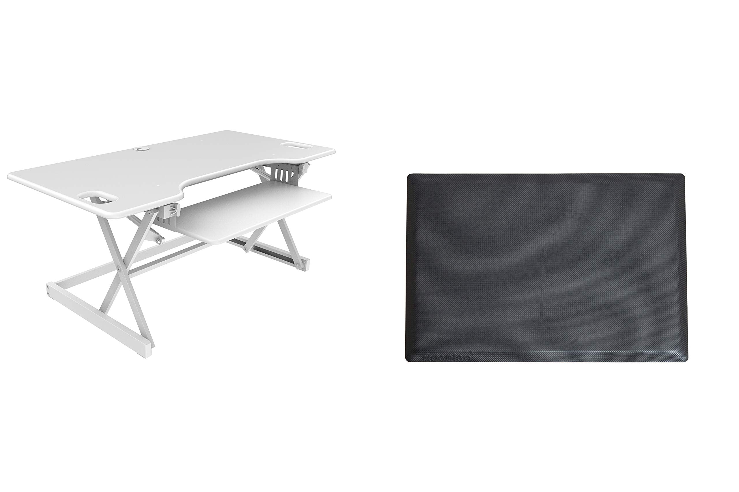 Rocelco 46" Large Height Adjustable Standing Desk Converter with Anti Fatigue Mat BUNDLE - Quick Sit Stand Up Triple Monitor Riser - Retractable Keyboard Tray - White (R DADRW-46-MAFM)