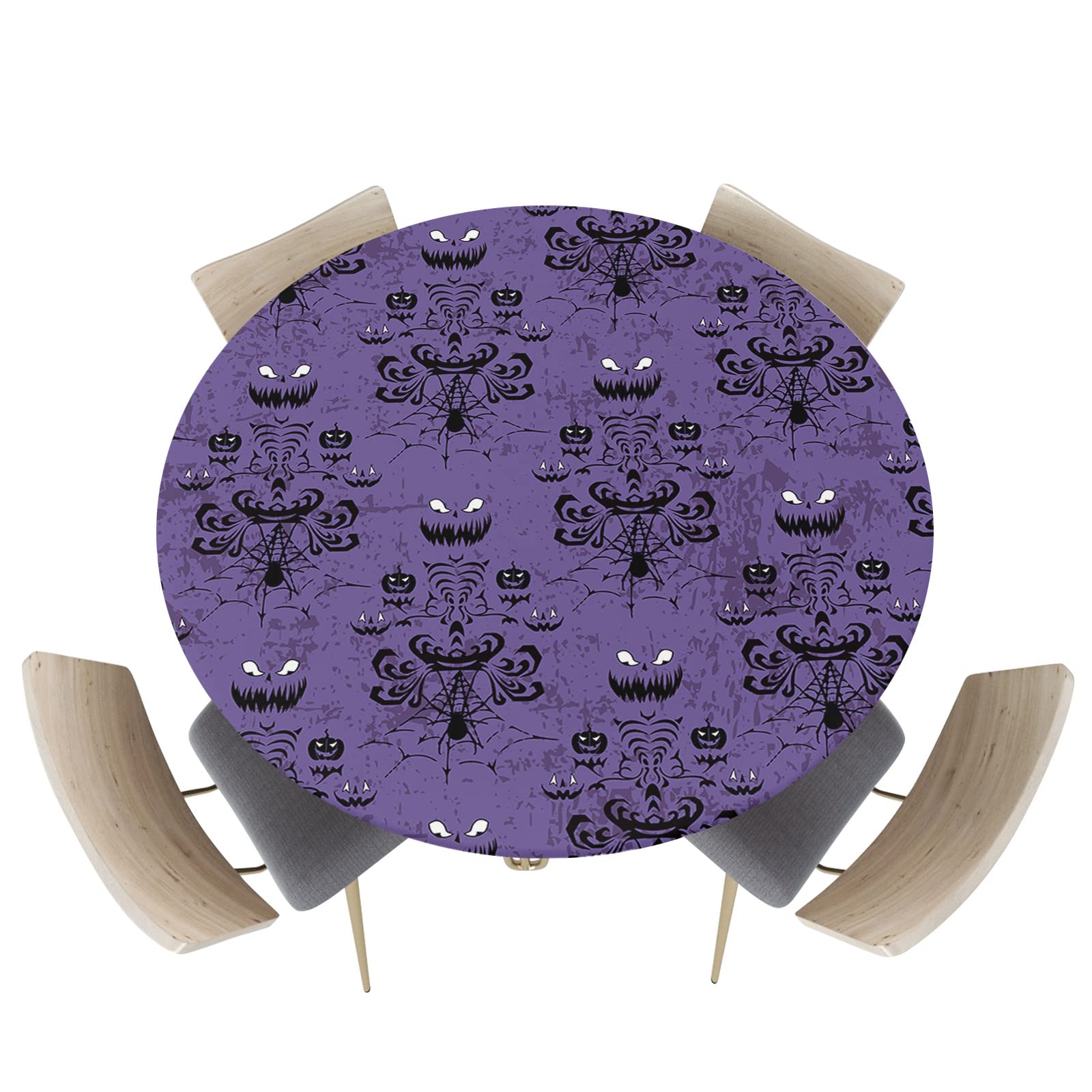 Halloween Ghost Spiders Fitted Round Tablecloth,Horror Theme Table Cover With Elastic Edge Waterproof Table Cloth,Purple Back Circle Table Covers For Kitchen Indoor Outdoor Picnic Party 55-60In