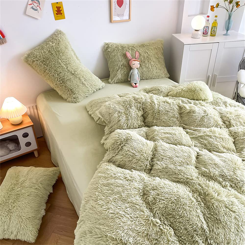 Chovy Faux Fur Plush Light Green Comforter Sets Twin/Full Size - Ultra Soft Shaggy Flannel Velvet Fluffy Fuzzy 3Pc Bedding Set (