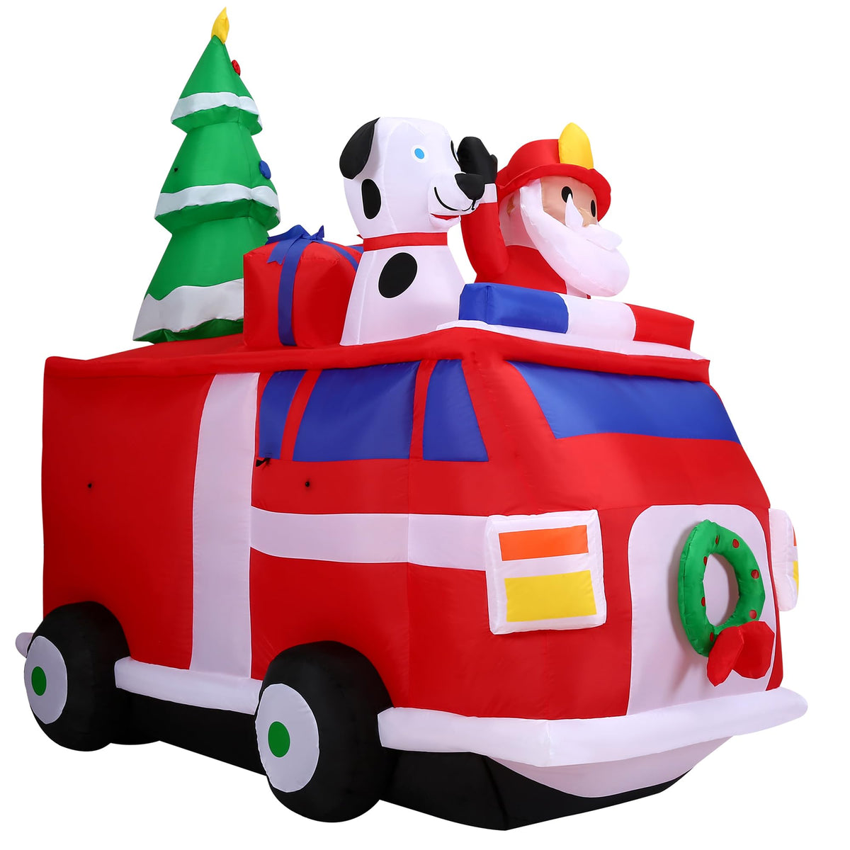 Christmas Time 7-Ft. Inflatable Santa Claus In A Fire Truck With Led Lights | Festive Holiday Blow-Up Decorations | Blower, Stakes, Ropes, & Storage Bag Included | Ct-Firetrk071-L, Red, White, Green