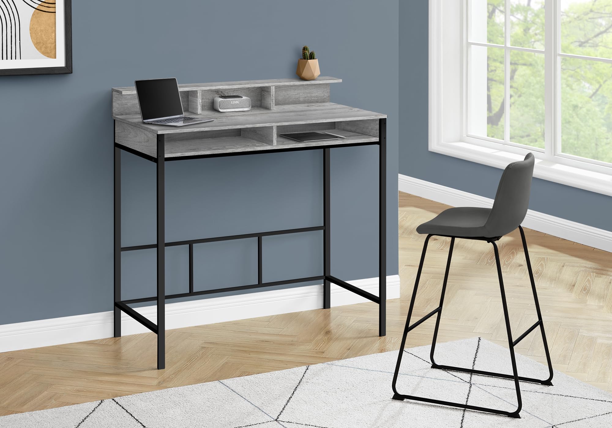 Monarch Specialties I 7703 Computer Desk, Home Office, Standing, Storage Shelves, 48' L, Work, Laptop, Metal, Laminate, Grey, Black, Contemporary, Modern