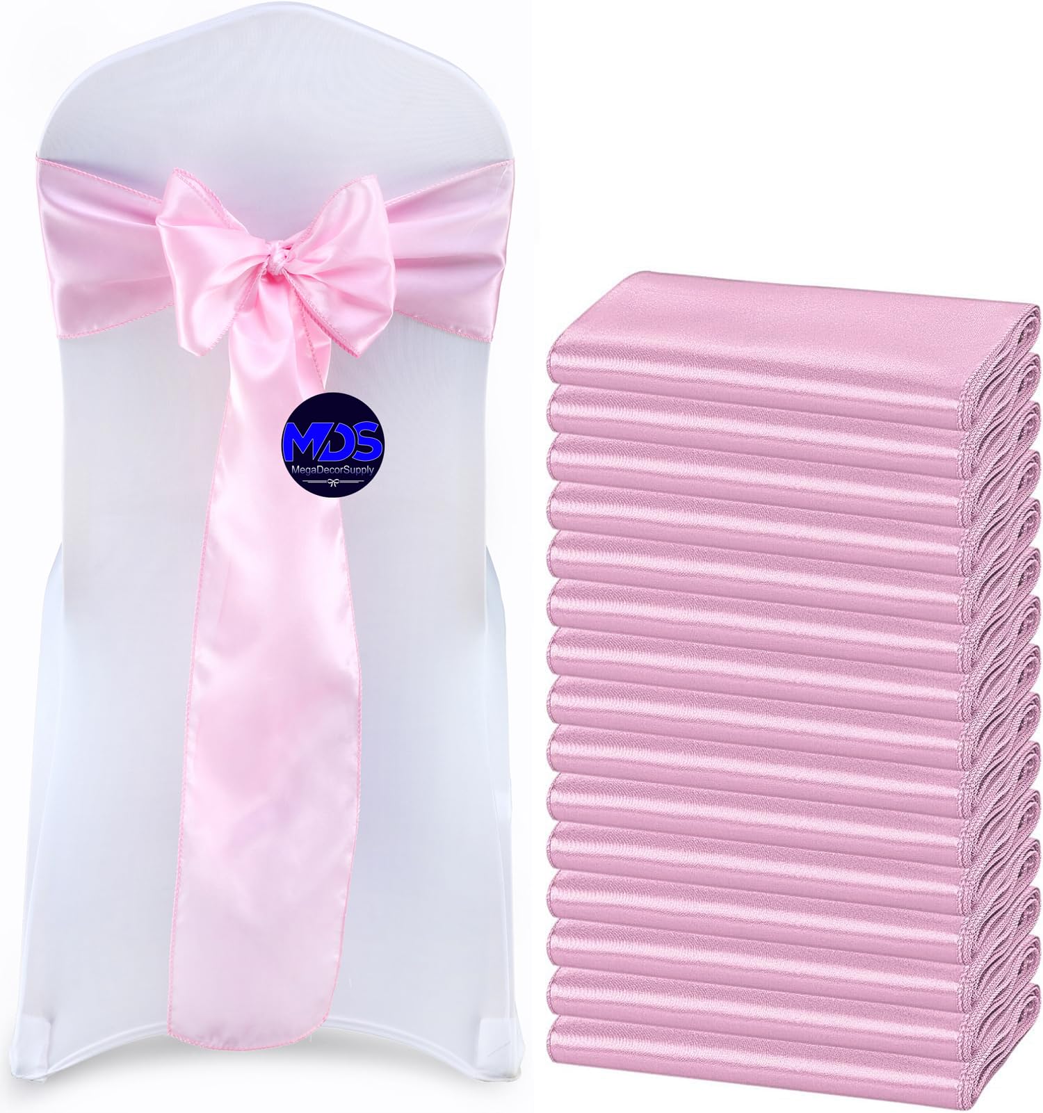 Mds Pack Of 50 Pcs Satin Chair Sashes Charmeuse Sateen Dining Chair Bows Ribbon Ties Back Sash For Wedding Party Birthday Home Hotel Restaurant Banquet Decoration (7 X 108 Inch, Pink)