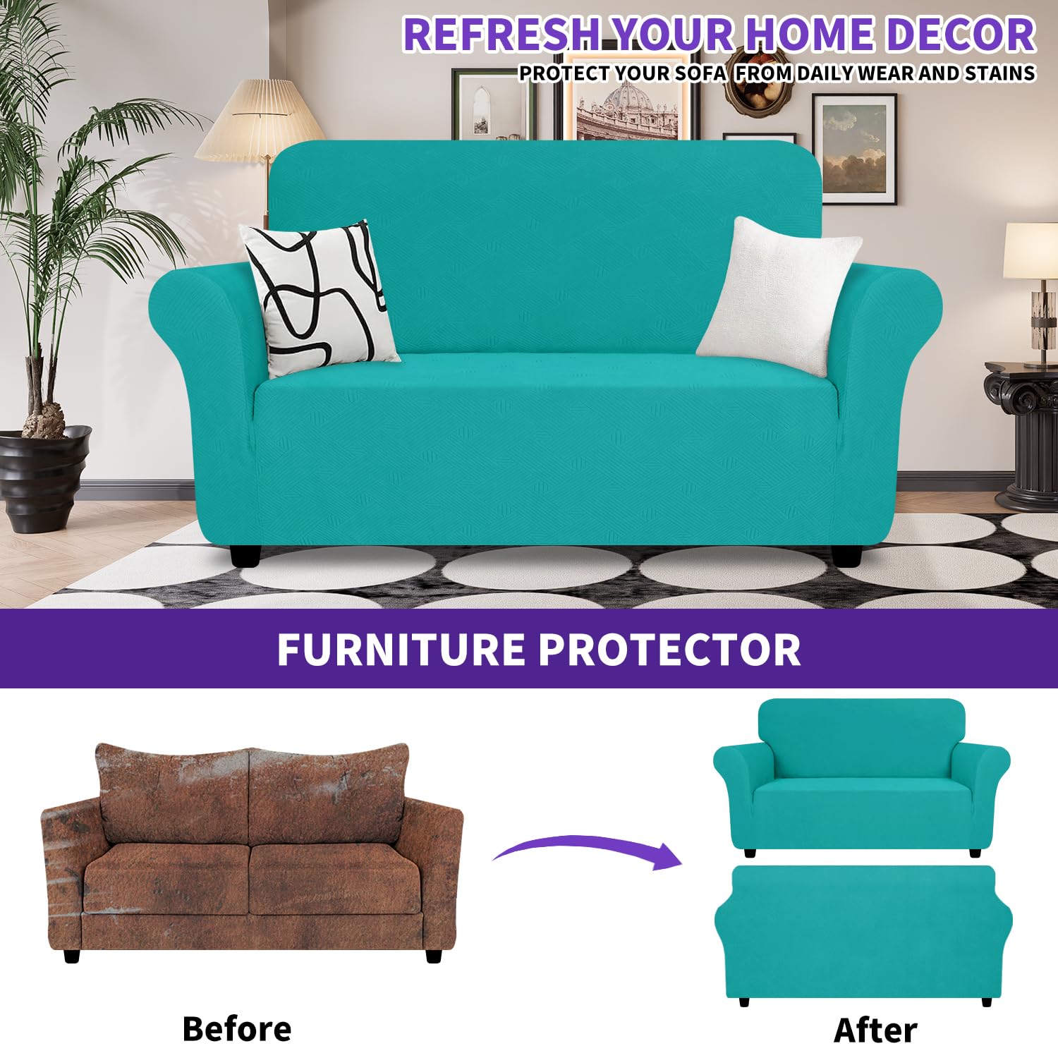 Znsayotx Super Stretch Loveseat Covers (55'-69'), New Striped Love Seat Slipcover, Dogs Pet Friendly Anti-Slip Couch Protector Spandex Durable 2 Seater Fabric Sofa Cover (Peacock Teal, Loveseat)