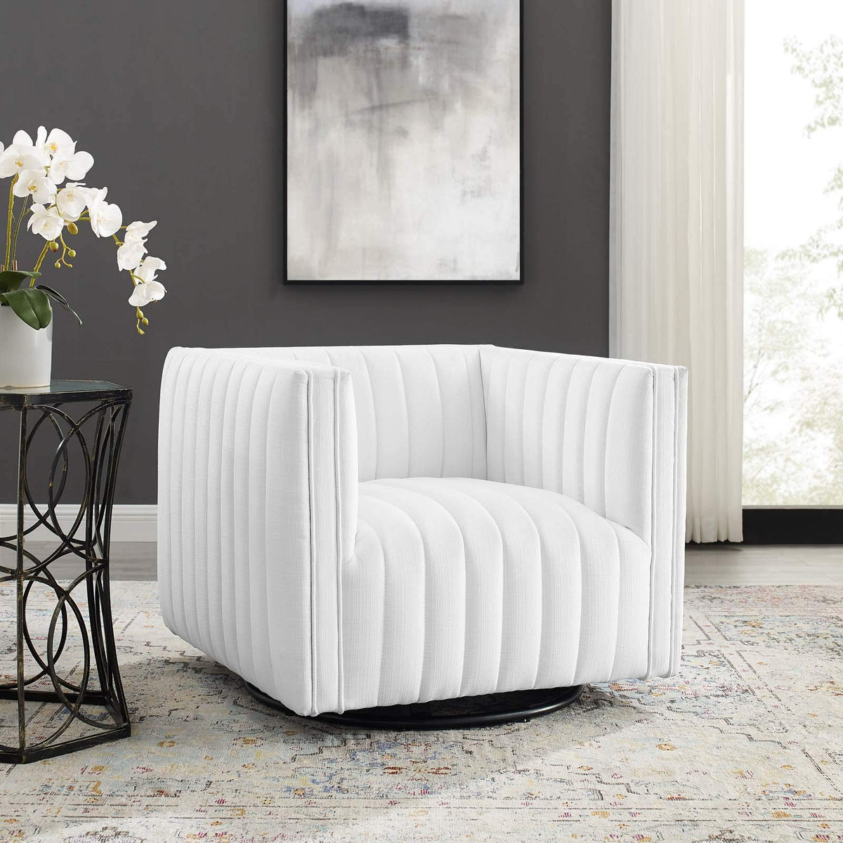 Modway Conjure Channel Tufted Upholstered Accent White, Swivel Armchair