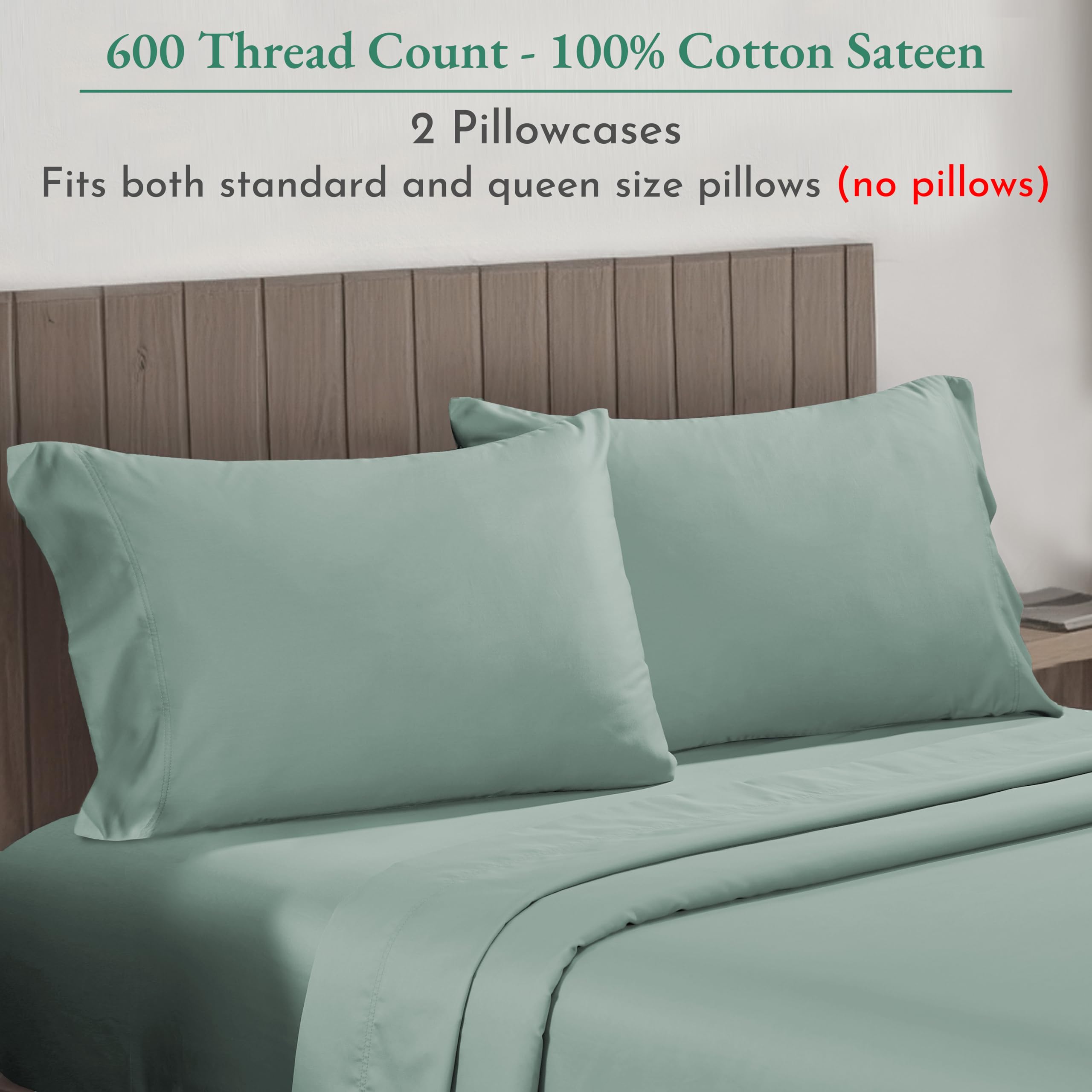 California Design Den Luxuriously Soft Hotel Quality 600 Thread Count, 100% Cotton Set Of 2 Cases, Crisp & Cool Bed Pillow Covers Standard Size Fits Standard & Queen Pillows (Sage Green)