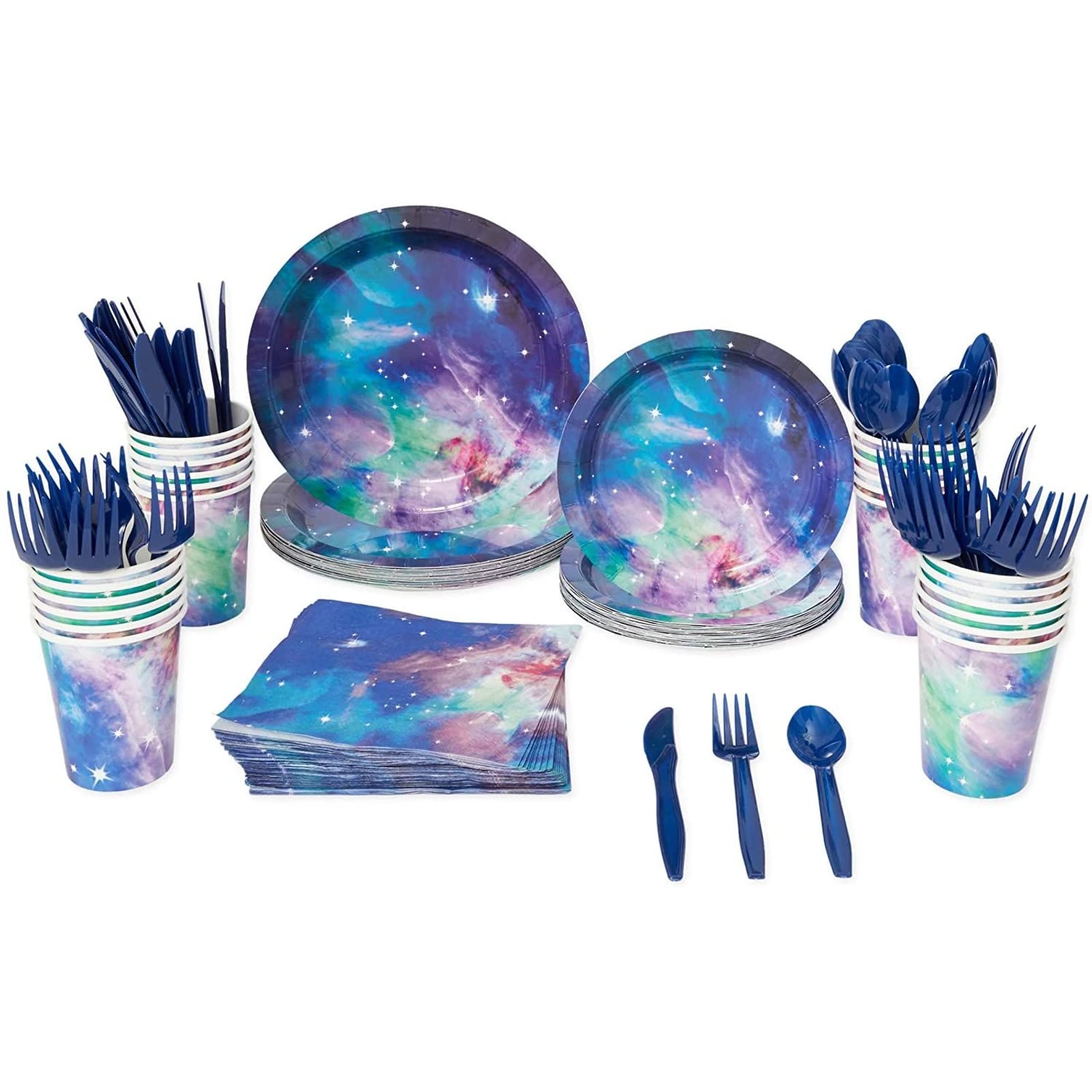 Blue Panda 168 Pieces Galaxy Party Supplies With Paper Plates, Napkins, Cups, And Cutlery For Outer Space Birthday Party Decorat