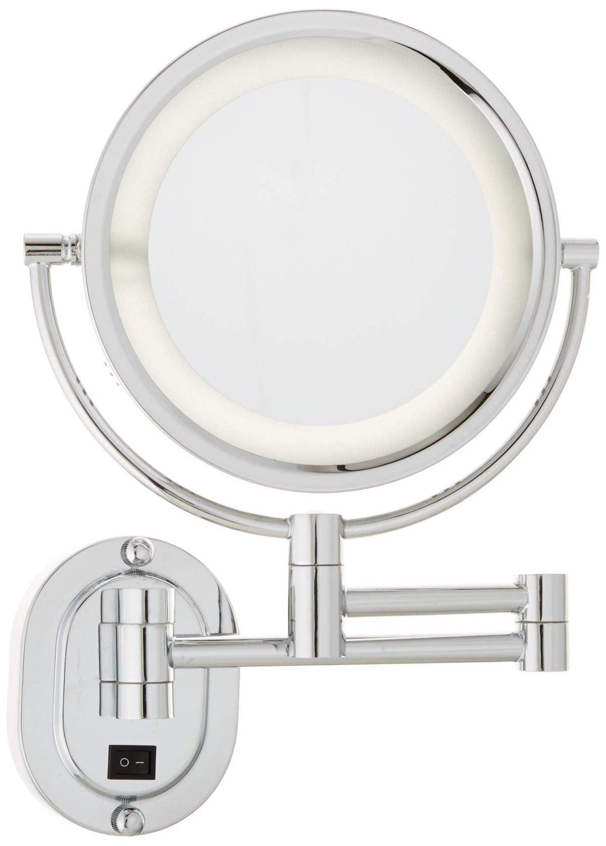 JERDON Two-Sided Wall-Mounted Makeup Mirror with Halo Lighting - Lighted Makeup Mirror with 5X Magnification & Wall-Mount Arm - 