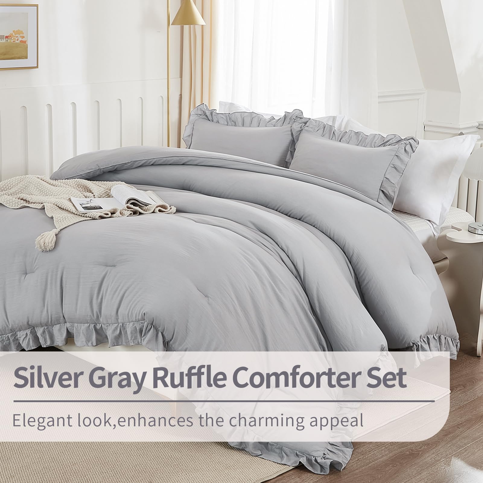 Andency Silver Gray Comforter Set Full Size, 3 Pieces Solid Ruffle Shabby Chic Bedding Comforter Sets, All Season Lightweight Fluffy Soft Microfiber Bedding Set (79X90 Comforter & 2 Pillowcases)