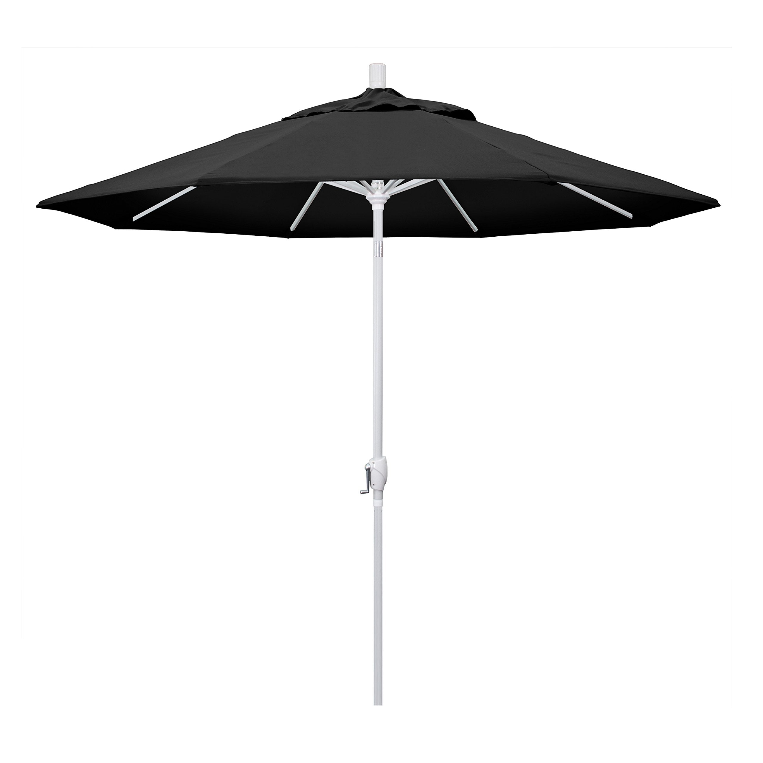 California Umbrella 9' Round Aluminum Market Umbrella, Crank Lift, Push Button Tilt, White Pole, Black Olefin