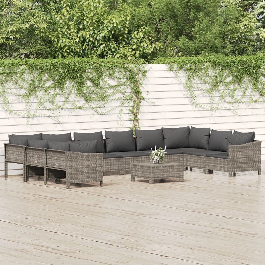 vidaXL Patio Furniture Set 11 Piece, Outdoor Armchair Sofa Ottoman with Cushions, Sectional Conversation Set for Garden Balcony, Gray Poly Rattan