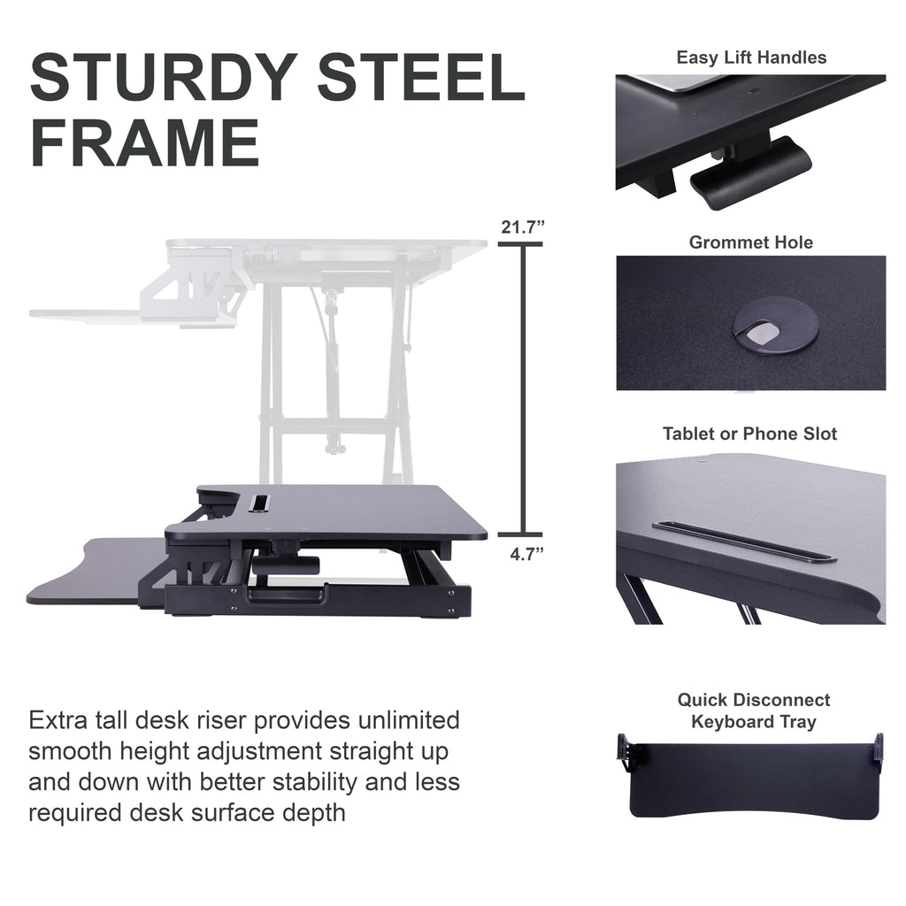 Rocelco 43" Height Adjustable Standing Desk Converter with Premium Dual Monitor Arm Mount - Tall Stand Up Tabletop Riser and Tablet Slot - Computer Workstation - Keyboard Tray - Black (R VADRB-43-MA2)