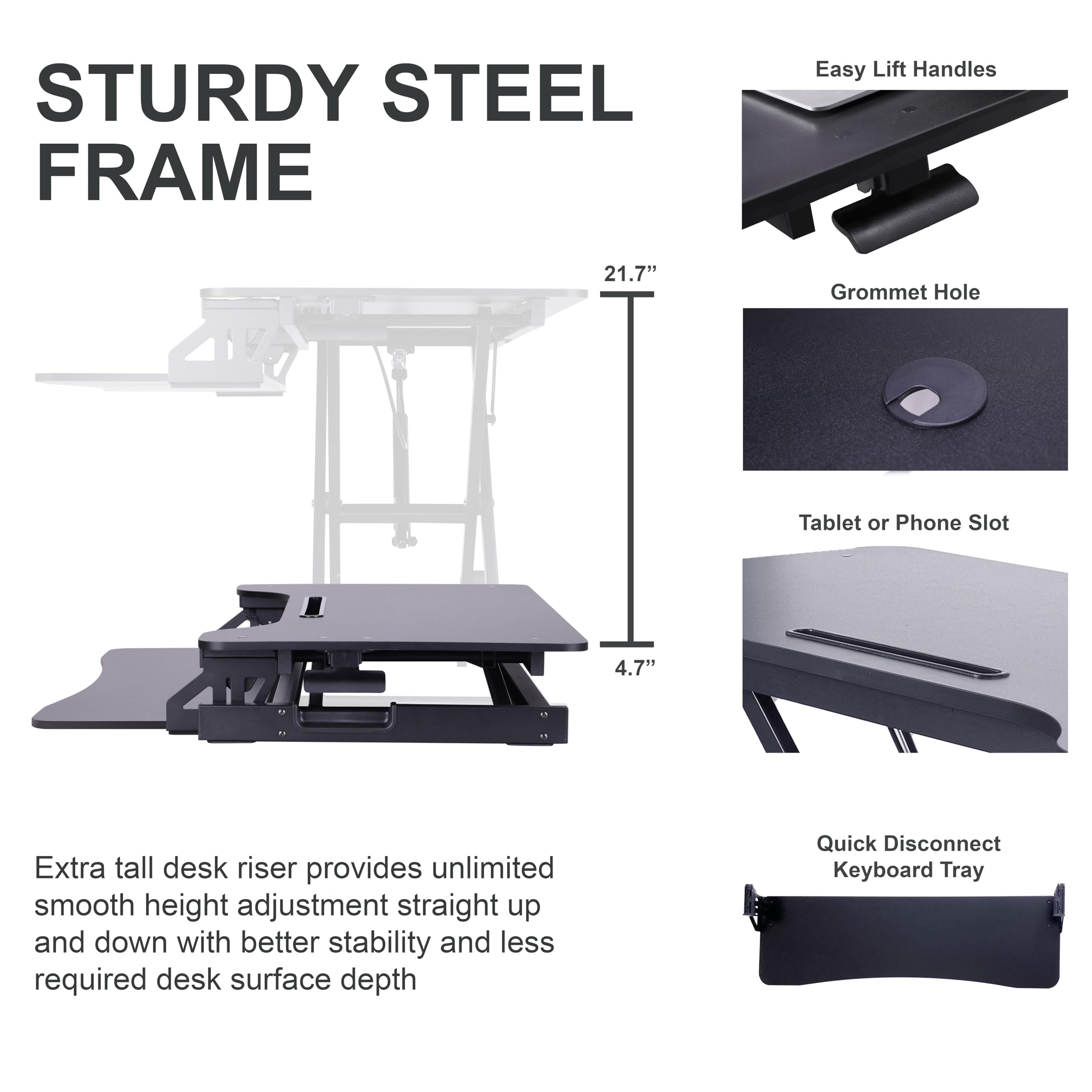 Rocelco 43" Height Adjustable Standing Desk Converter with Premium Dual Monitor Arm Mount - Tall Stand Up Tabletop Riser and Tablet Slot - Computer Workstation - Keyboard Tray - Black (R VADRB-43-MA2)