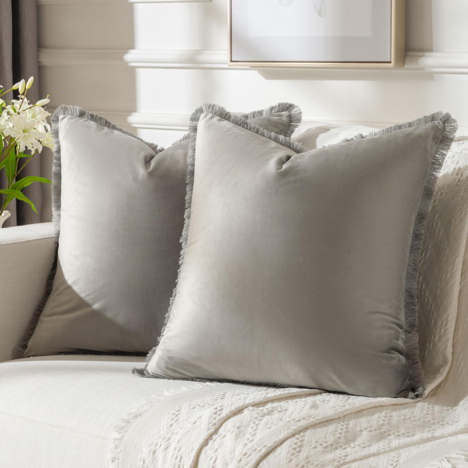 FUTEI Grey Boho Throw Pillow Covers with Tassels 16x16 Inch Set of 2,Soft Velvet Decorative Cushion Case,Home Decor for Couch Be